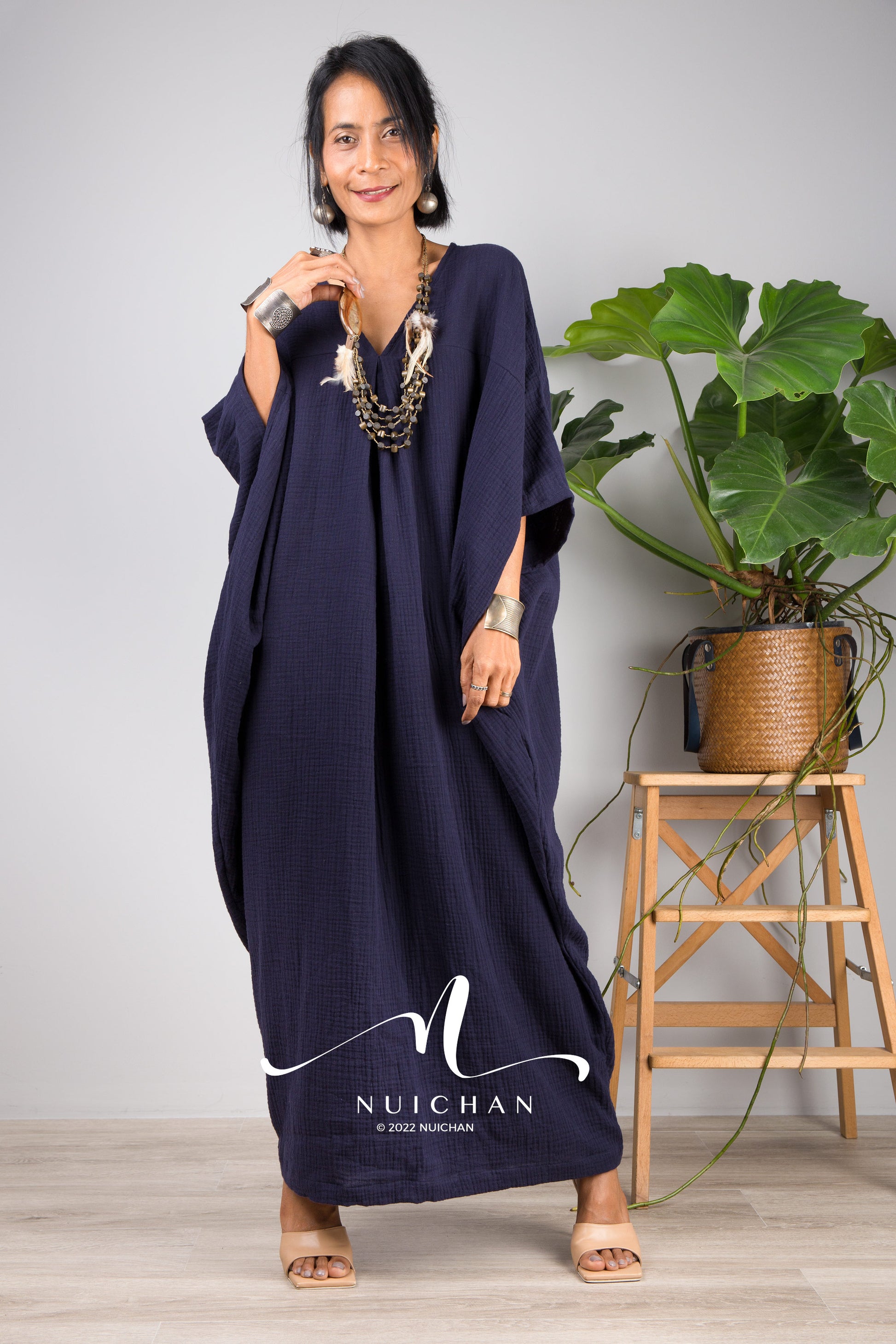 Nuichan Women's Cotton gauze kaftan dress | Navy Blue plus size dress