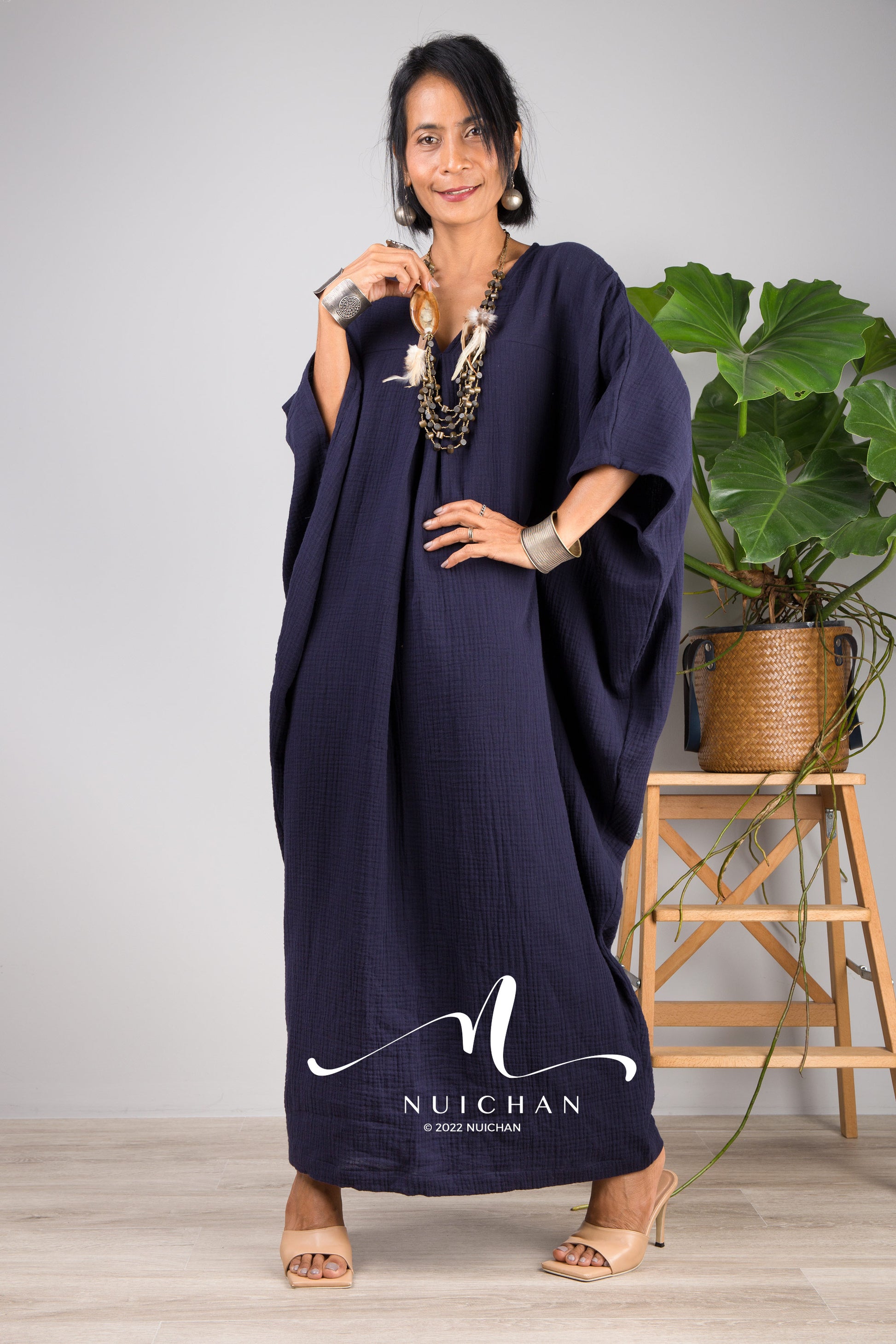 Nuichan Women's Cotton gauze kaftan dress | Navy Blue plus size dress