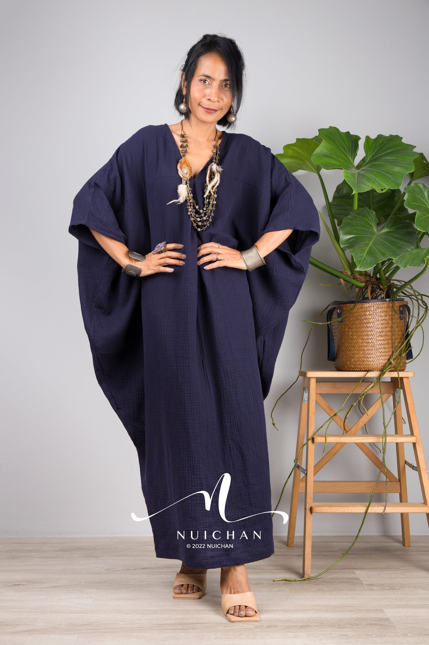 Nuichan Women's Cotton gauze kaftan dress | Navy Blue plus size dress