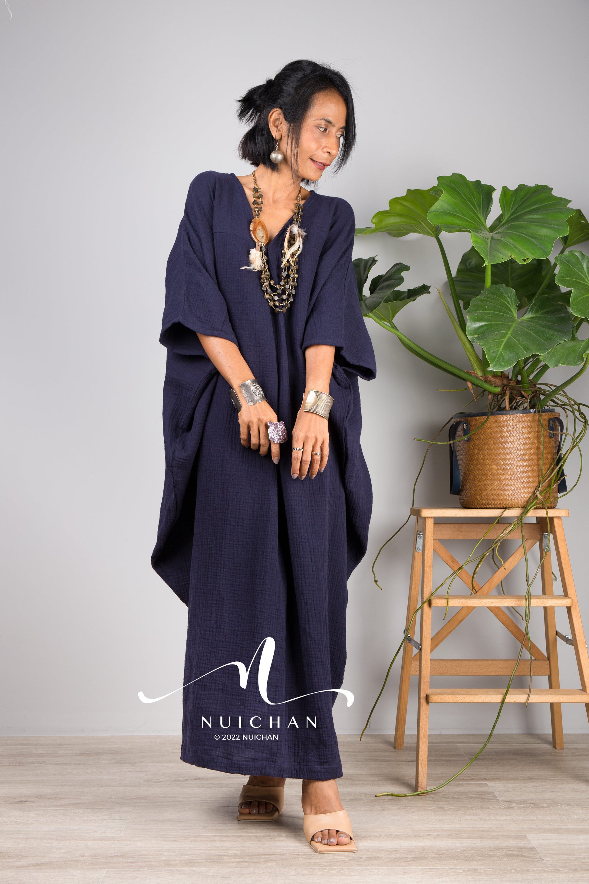 Nuichan Women's Cotton gauze kaftan dress | Navy Blue plus size dress