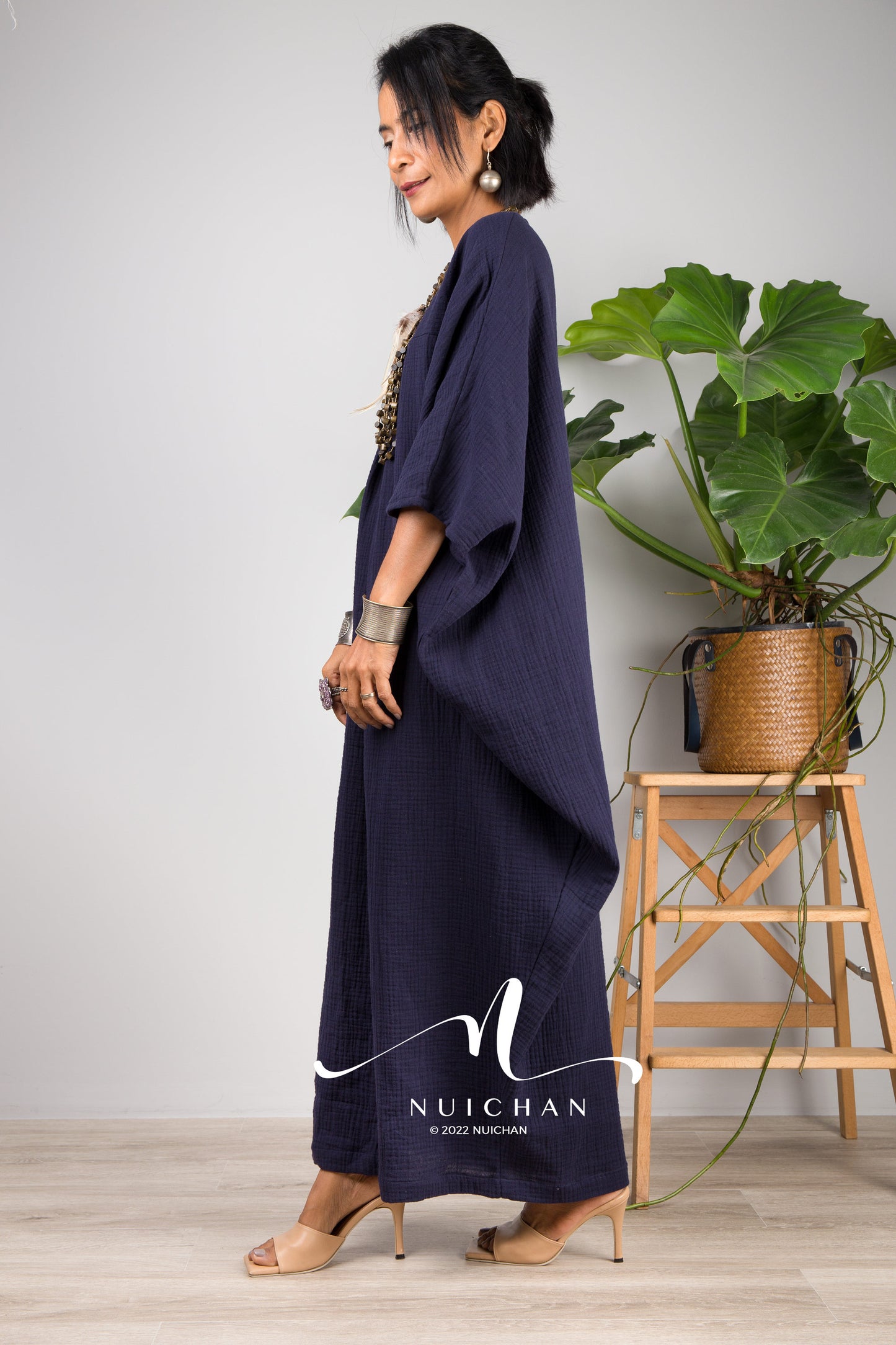 Nuichan Women's Cotton gauze kaftan dress | Navy Blue plus size dress