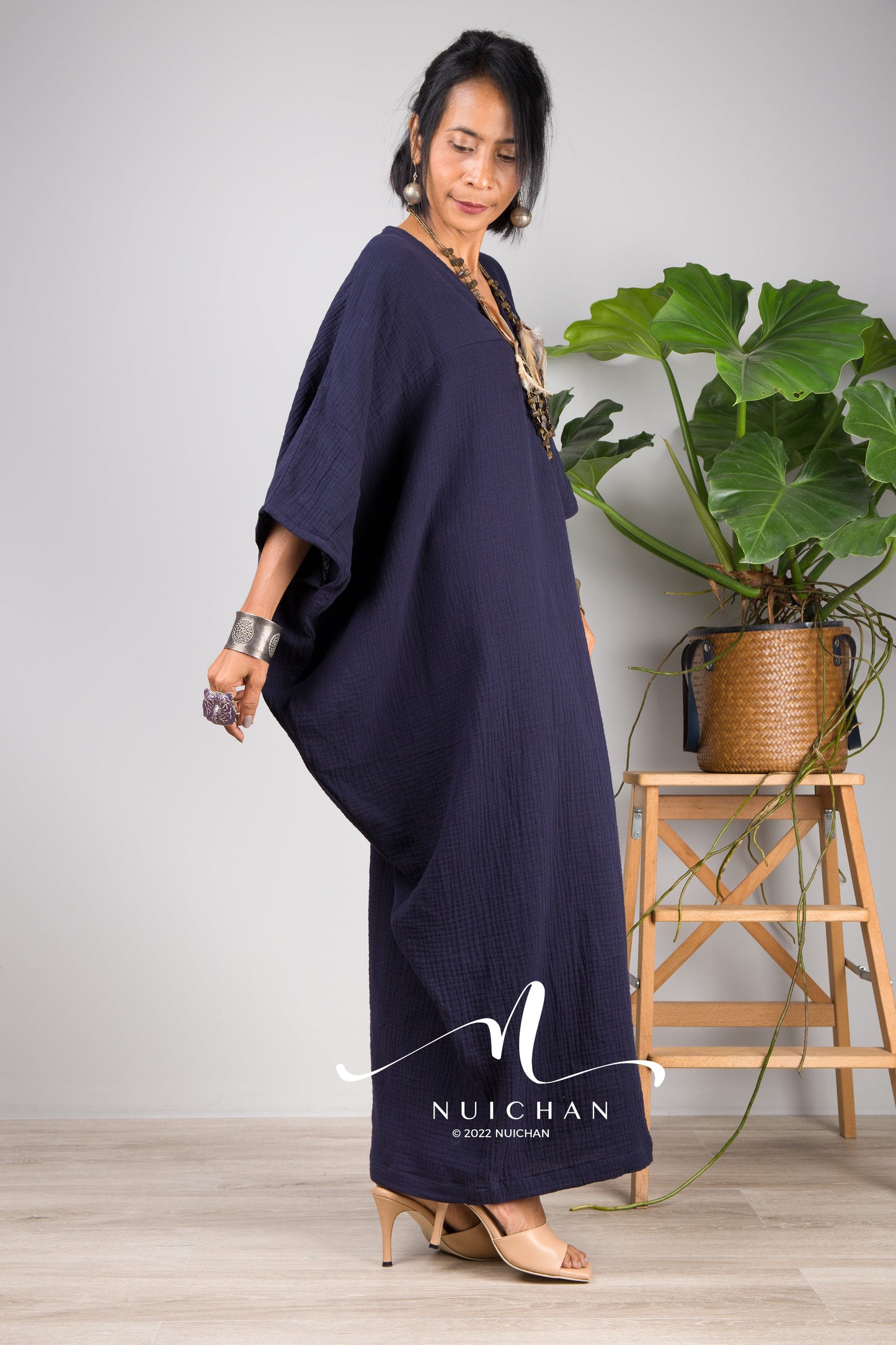 Nuichan Women's Cotton gauze kaftan dress | Navy Blue plus size dress