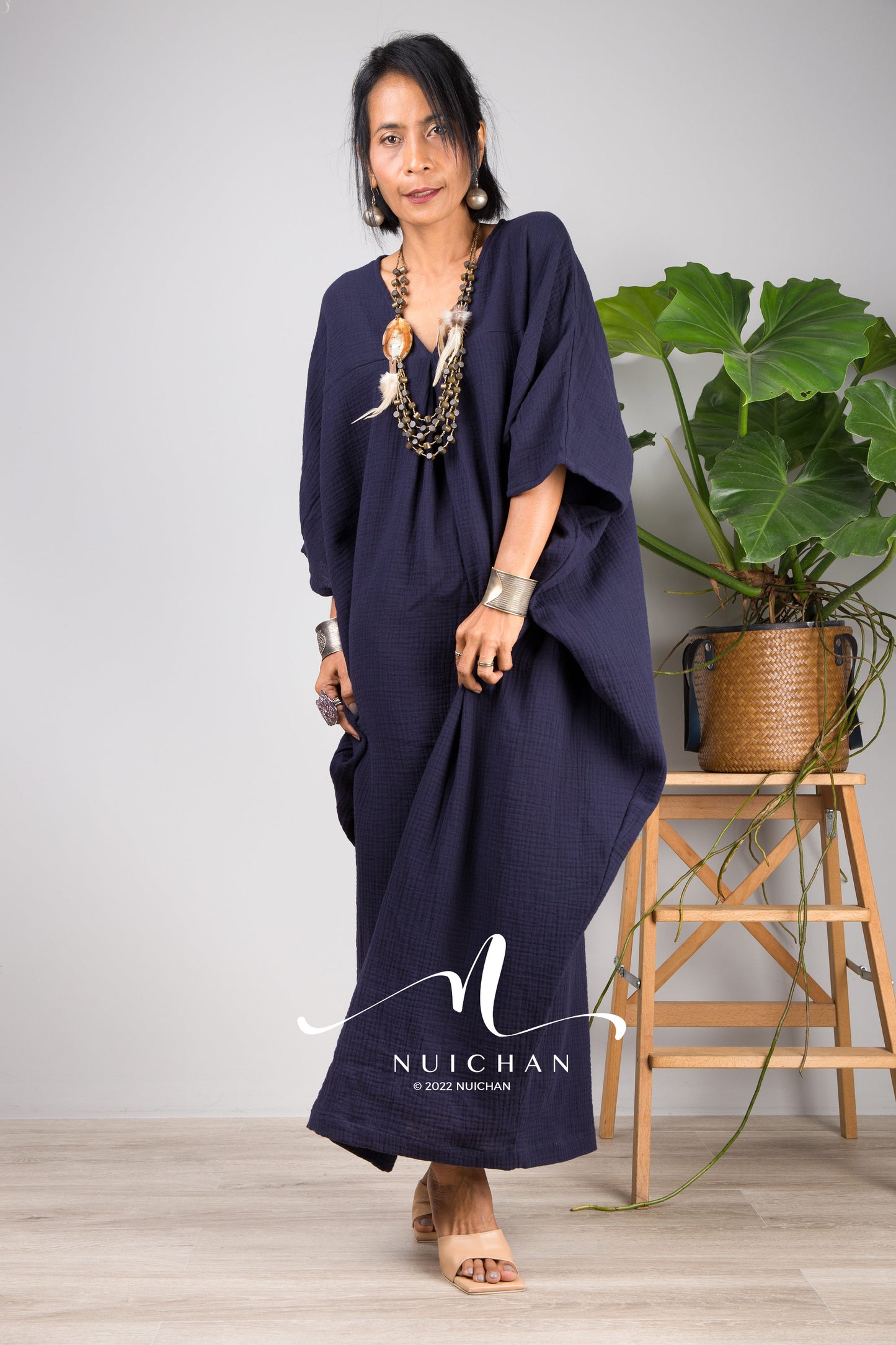 Nuichan Women's Cotton gauze kaftan dress | Navy Blue plus size dress