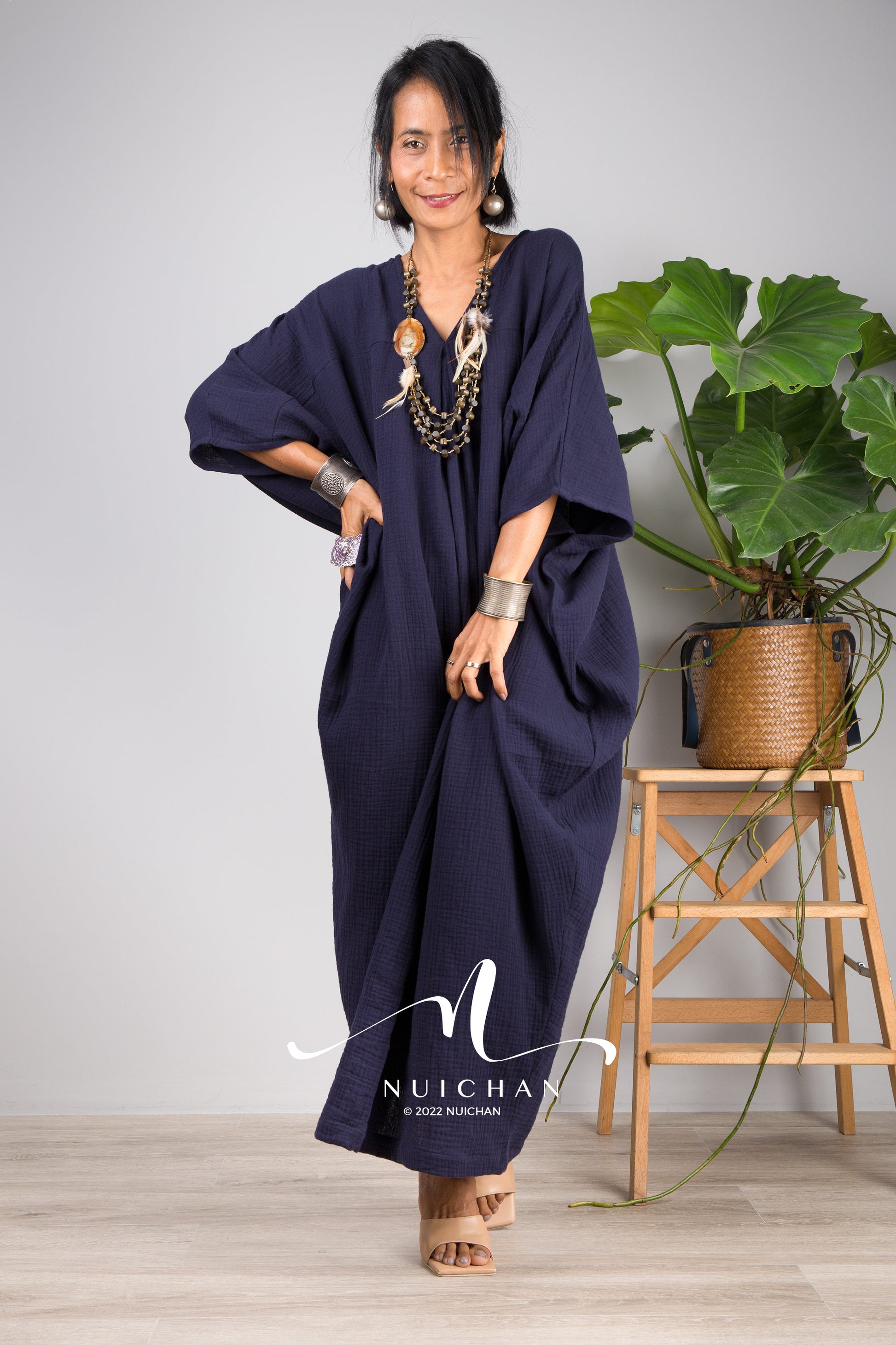 Nuichan Women's Cotton gauze kaftan dress | Navy Blue plus size dress