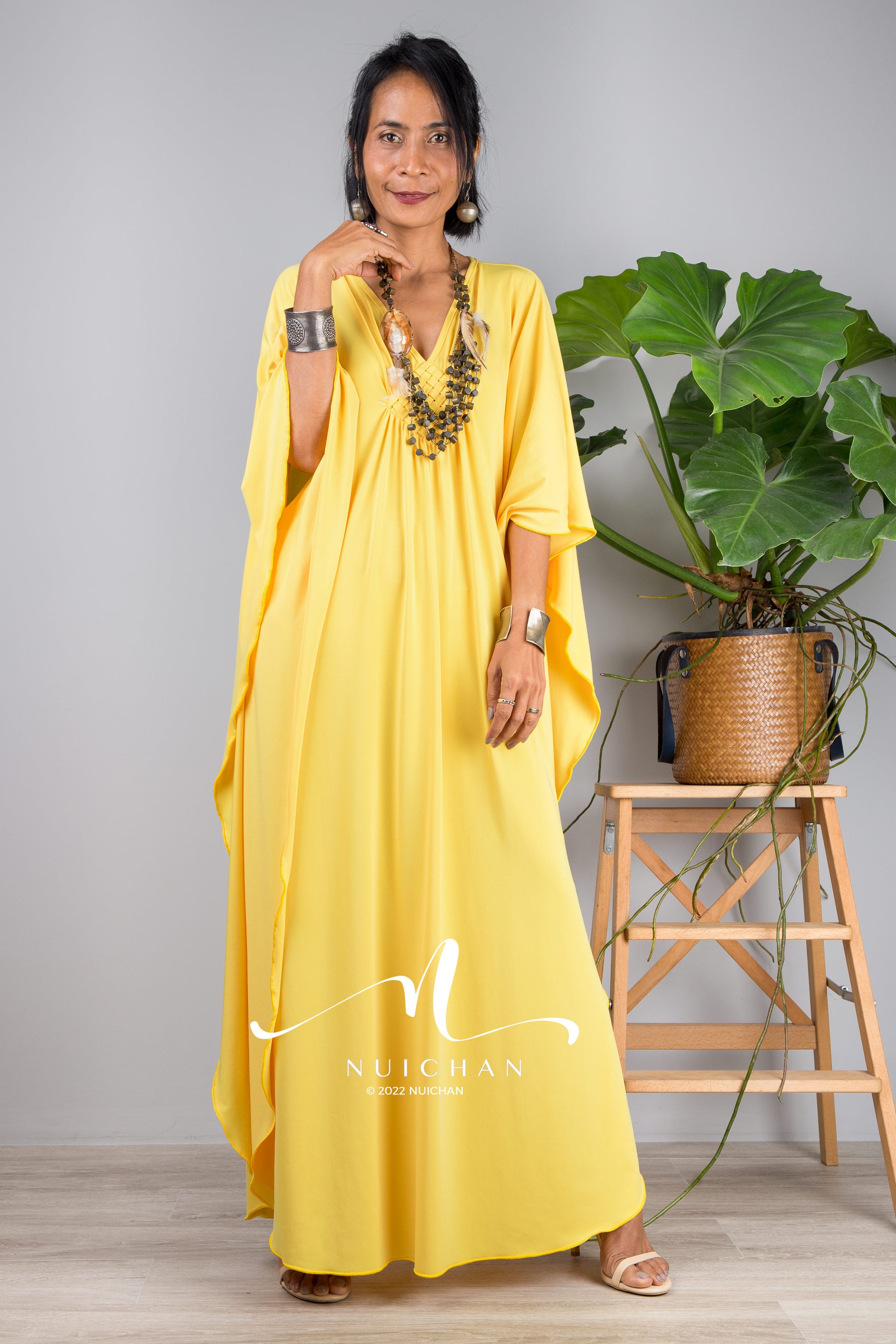 Small Kaftan dresses online. Yellow kimono kaftan dress by Nuichan