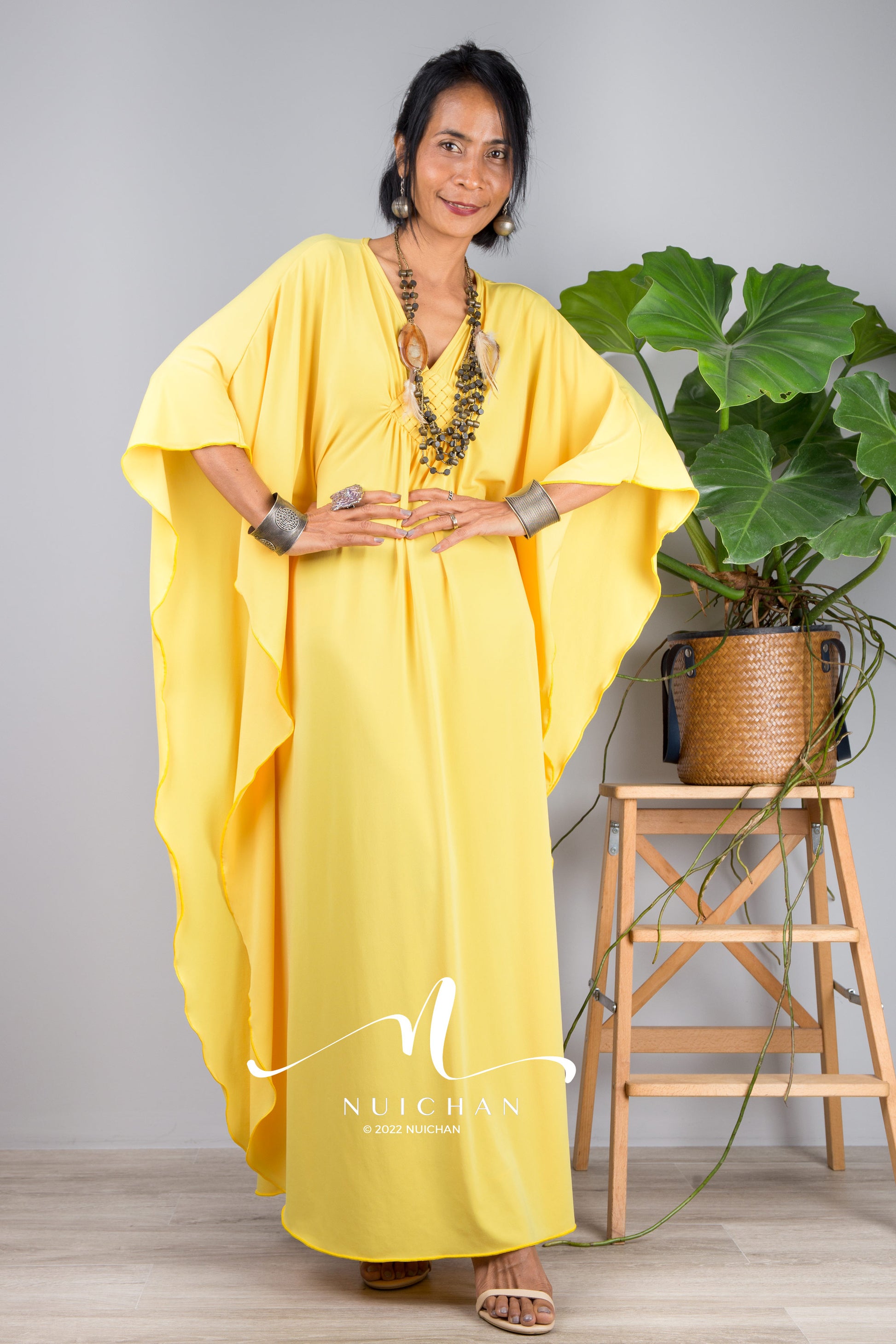 Small Kaftan dresses online. Yellow kimono kaftan dress by Nuichan