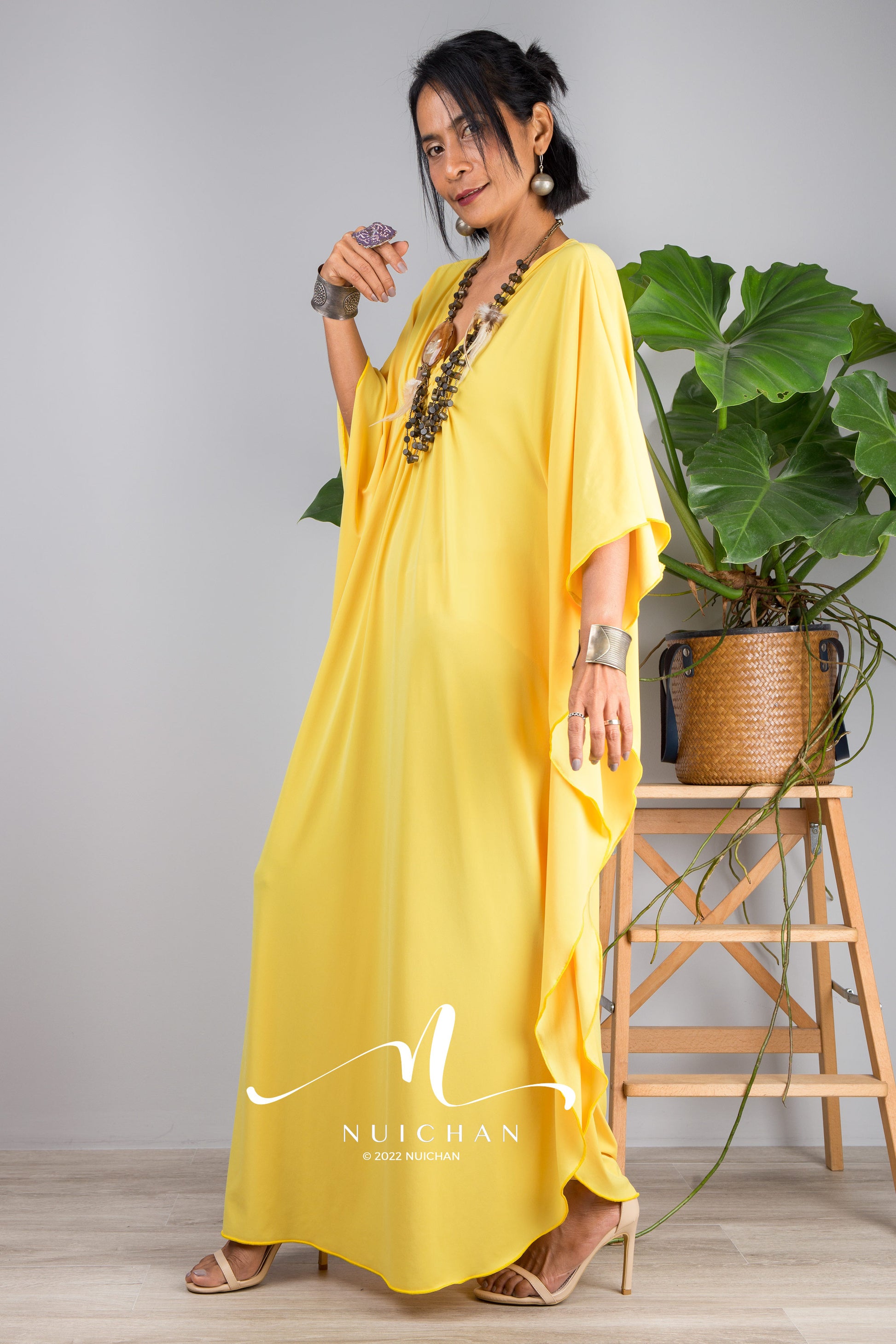 Small Kaftan dresses online. Yellow kimono kaftan dress by Nuichan