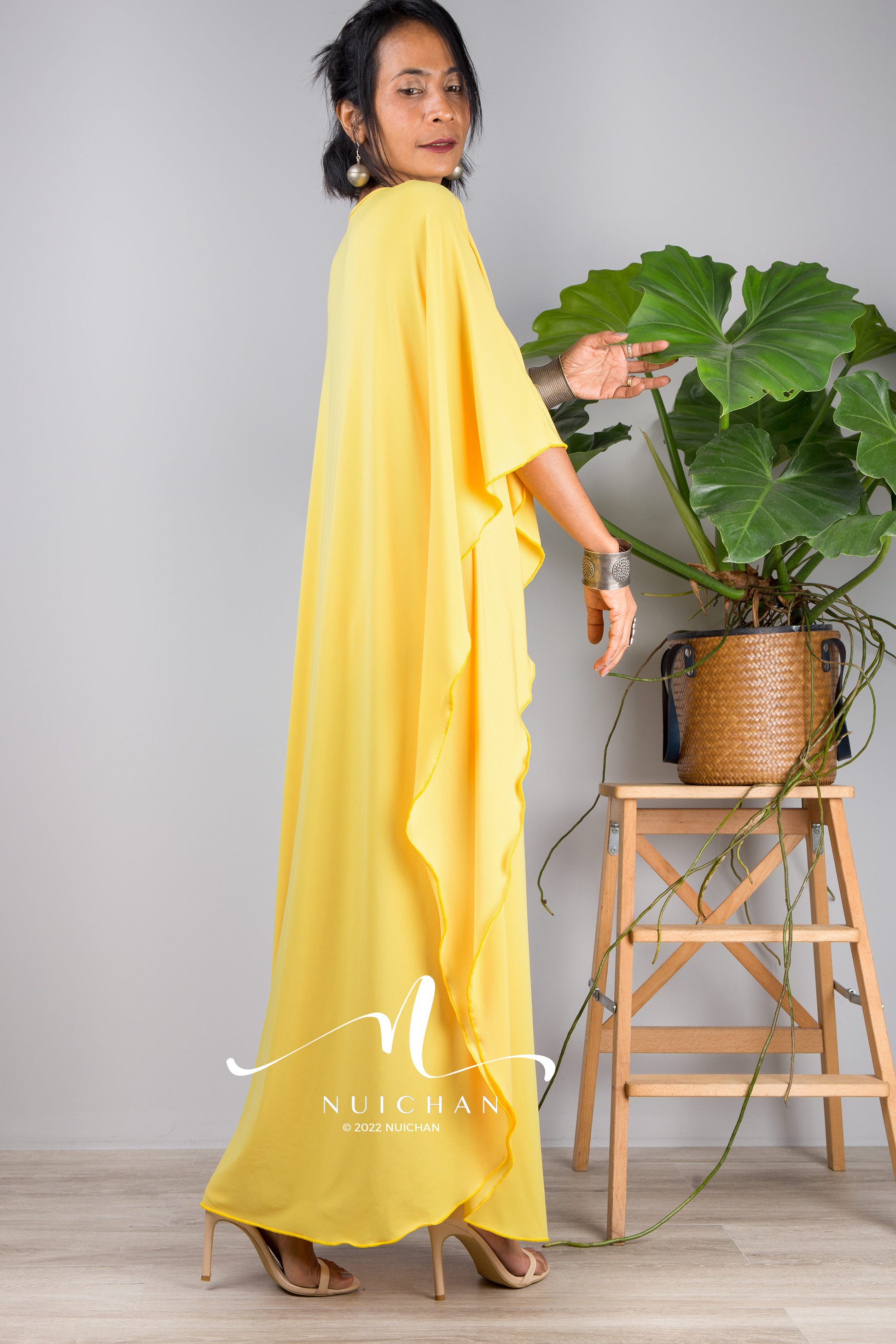 Small Kaftan dresses online. Yellow kimono kaftan dress by Nuichan