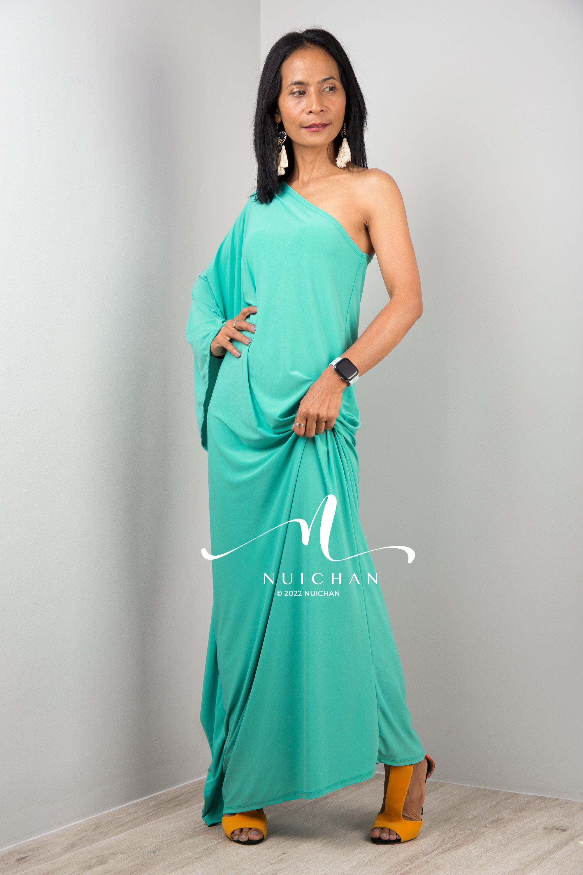 Mint Green One Shoulder Dress Chic Caftan by Nuichan