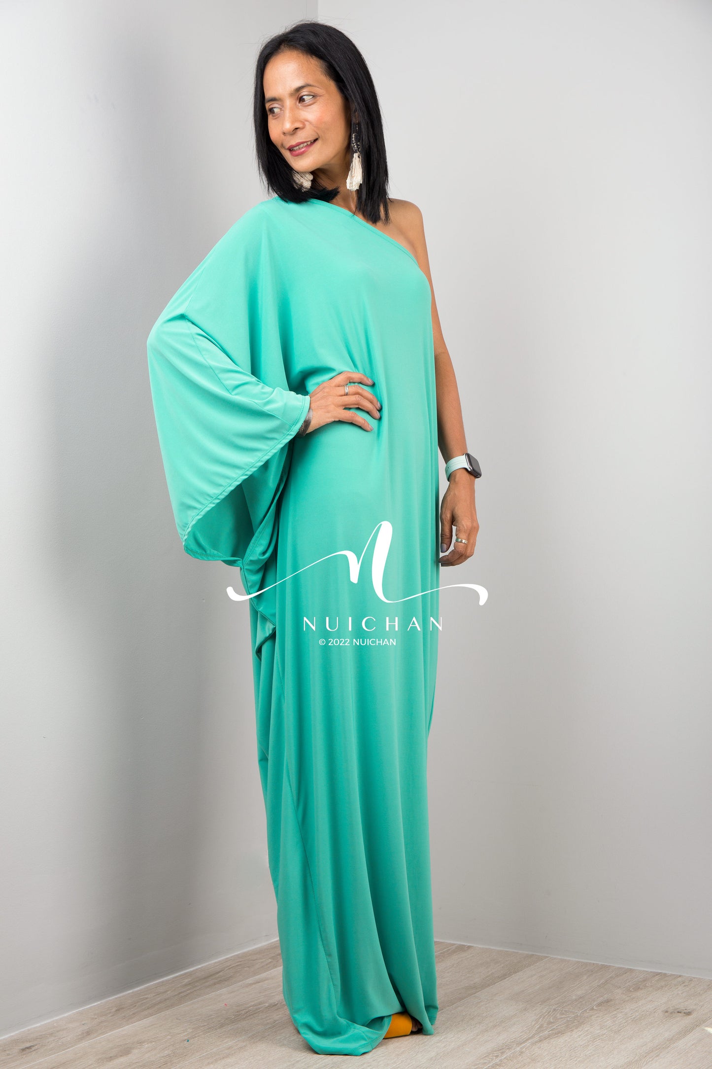 Green asymmetrical one shoulder dress for women by Nuichan, Long mint green dress, Off shoulder evening dress, green cocktail dress