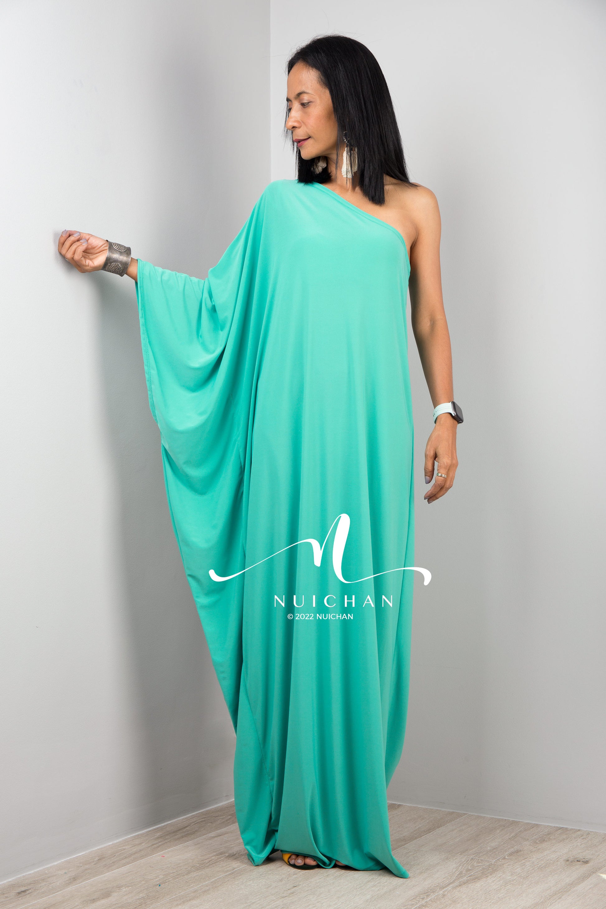 Green asymmetrical one shoulder dress for women by Nuichan, Long mint green maxi dress, Off shoulder evening dress, green cocktail dress