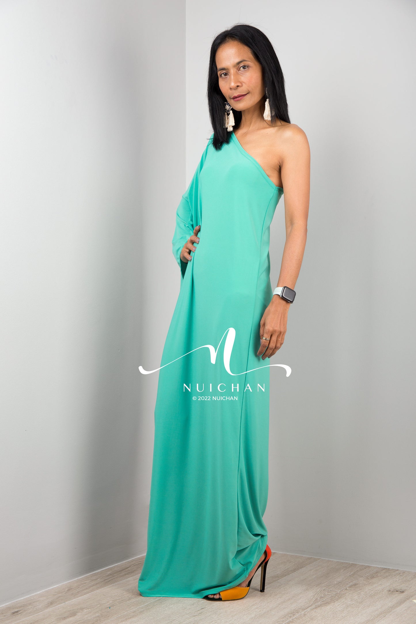 Green asymmetrical one shoulder dress for women by Nuichan, mint green dress, Off shoulder evening dress, green cocktail dress