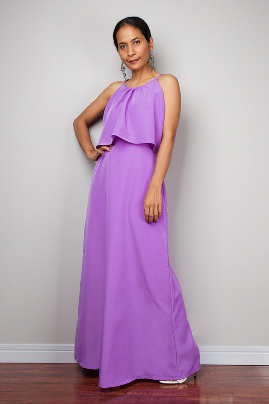 Ruffle dress, Halter Dress, Purple bridesmaid dress, Summer Dress, high waist dress, purple maxi dress