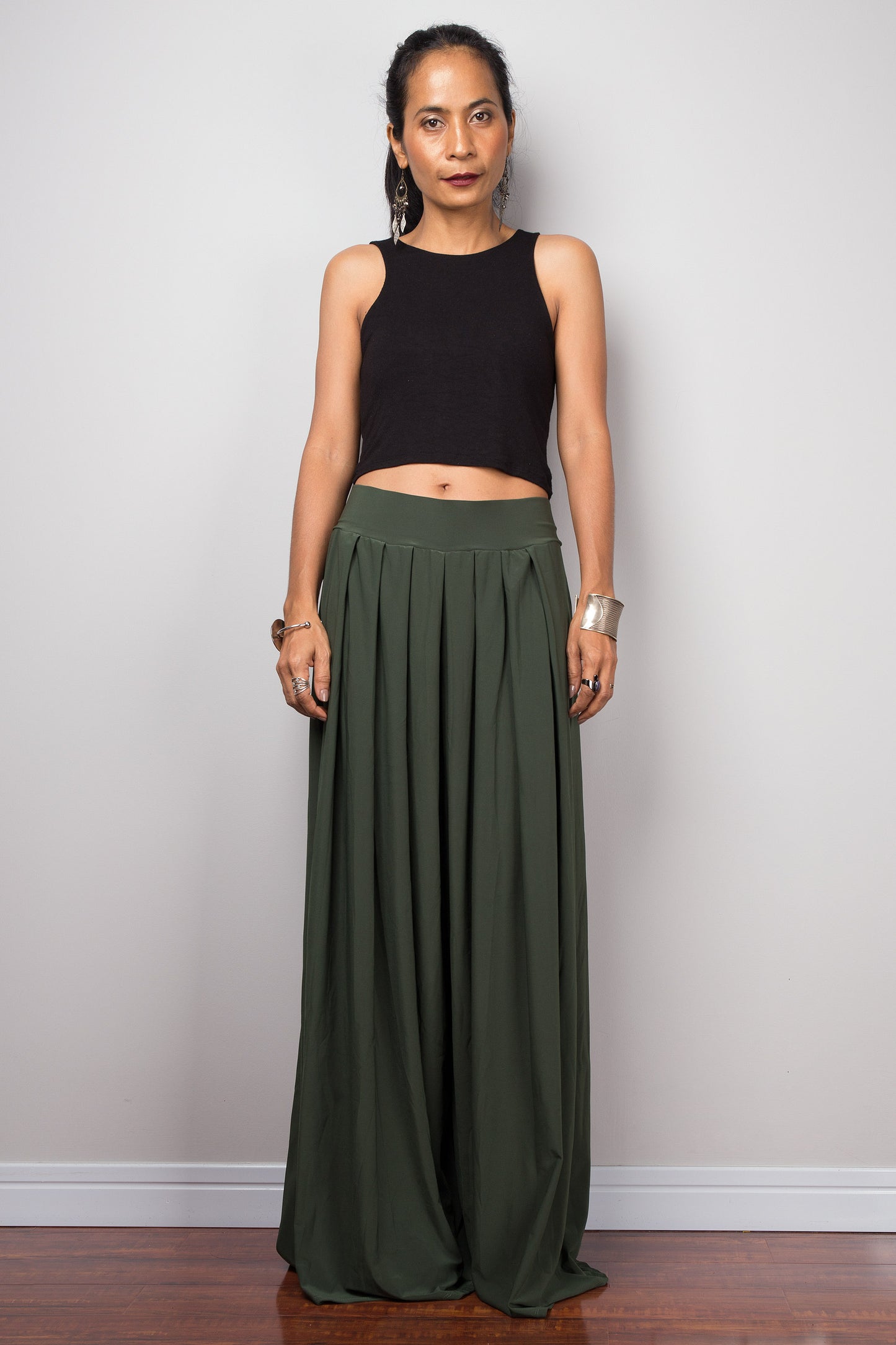 Wide Leg Pants | Palazzo pants | Green pleated women's trousers