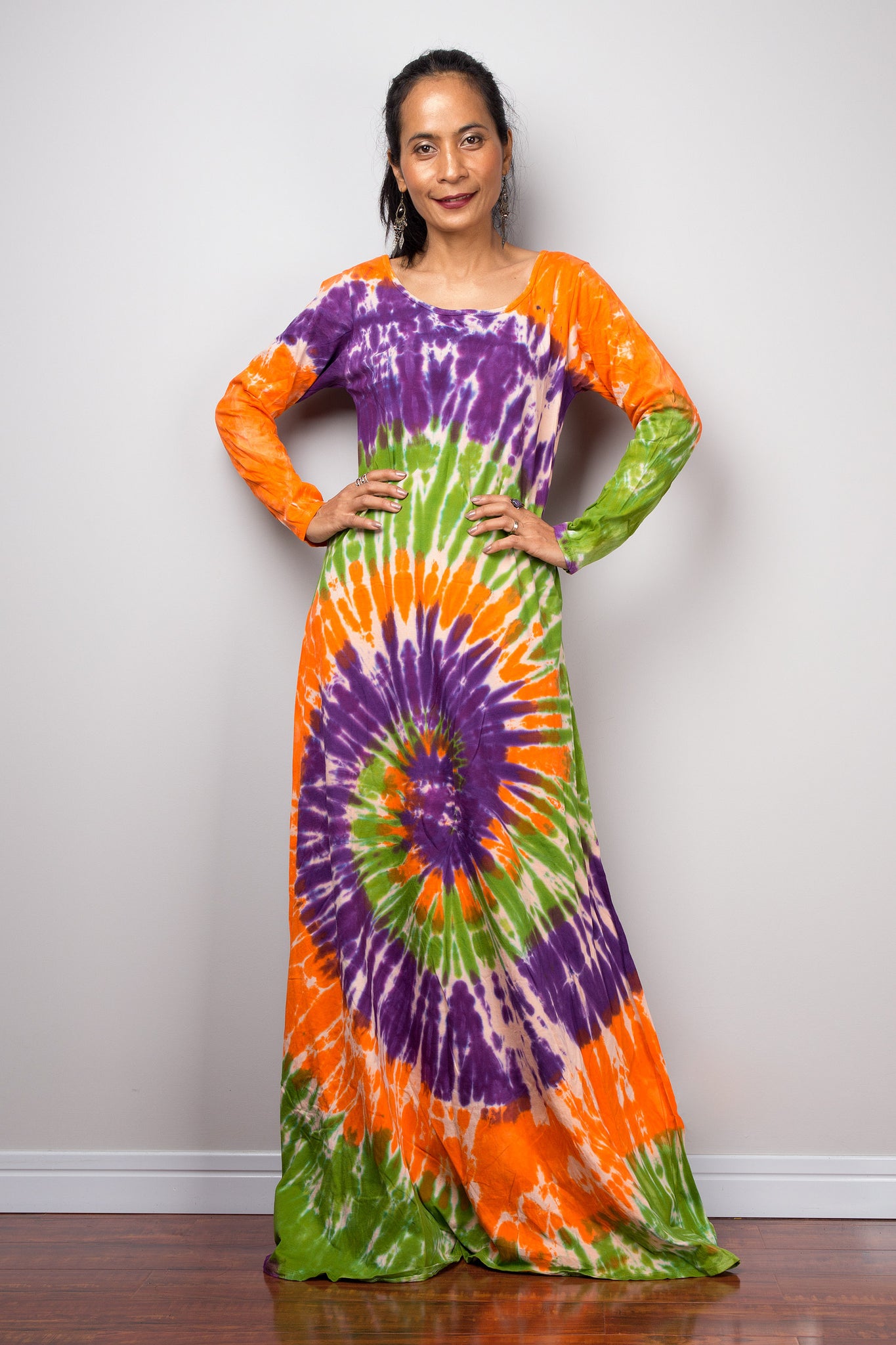 Tie dye swirl dress, Hippie Festival maxi dress, Long Sleeve