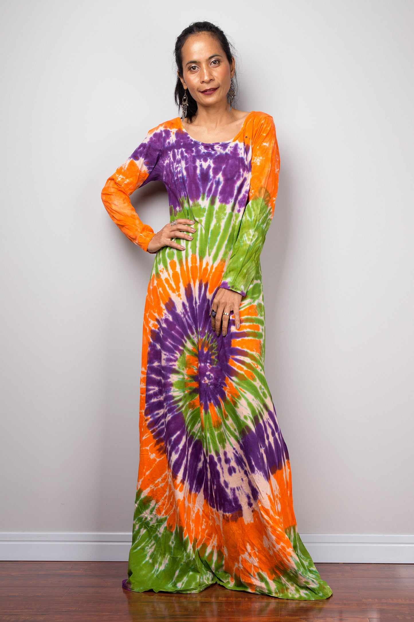 Tie dye swirl dress, Hippie Festival maxi dress, Long Sleeve Rainbow dress, Colourful gypsy dress