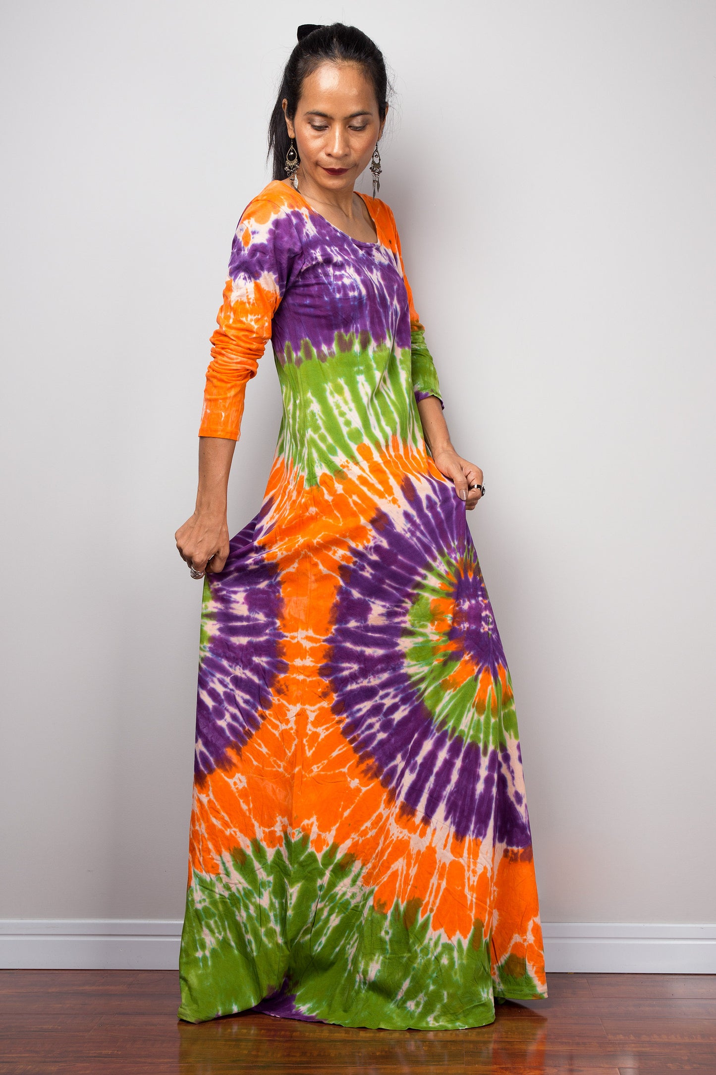 Tie dye swirl dress, Hippie Festival maxi dress, Long Sleeve Rainbow dress, Colourful gypsy dress