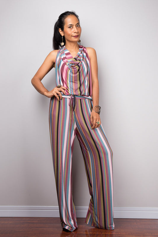 Striped Jumpsuit | Halter top jumper with cowl neck