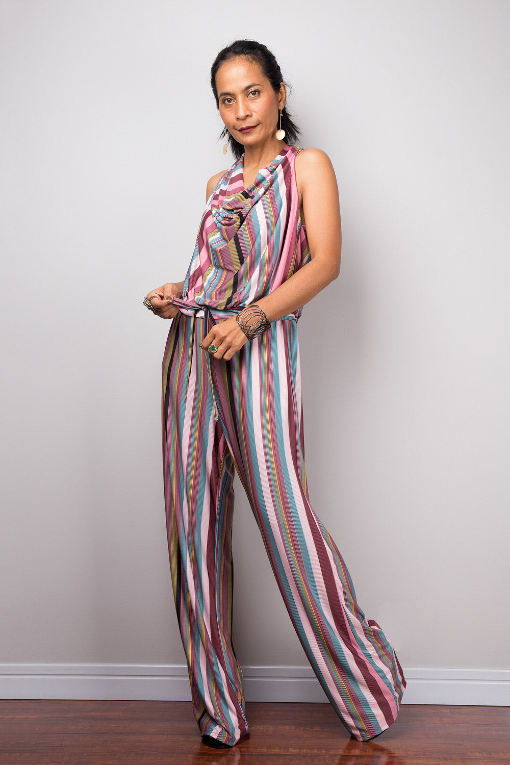 Striped Jumpsuit | Halter top jumper with cowl neck