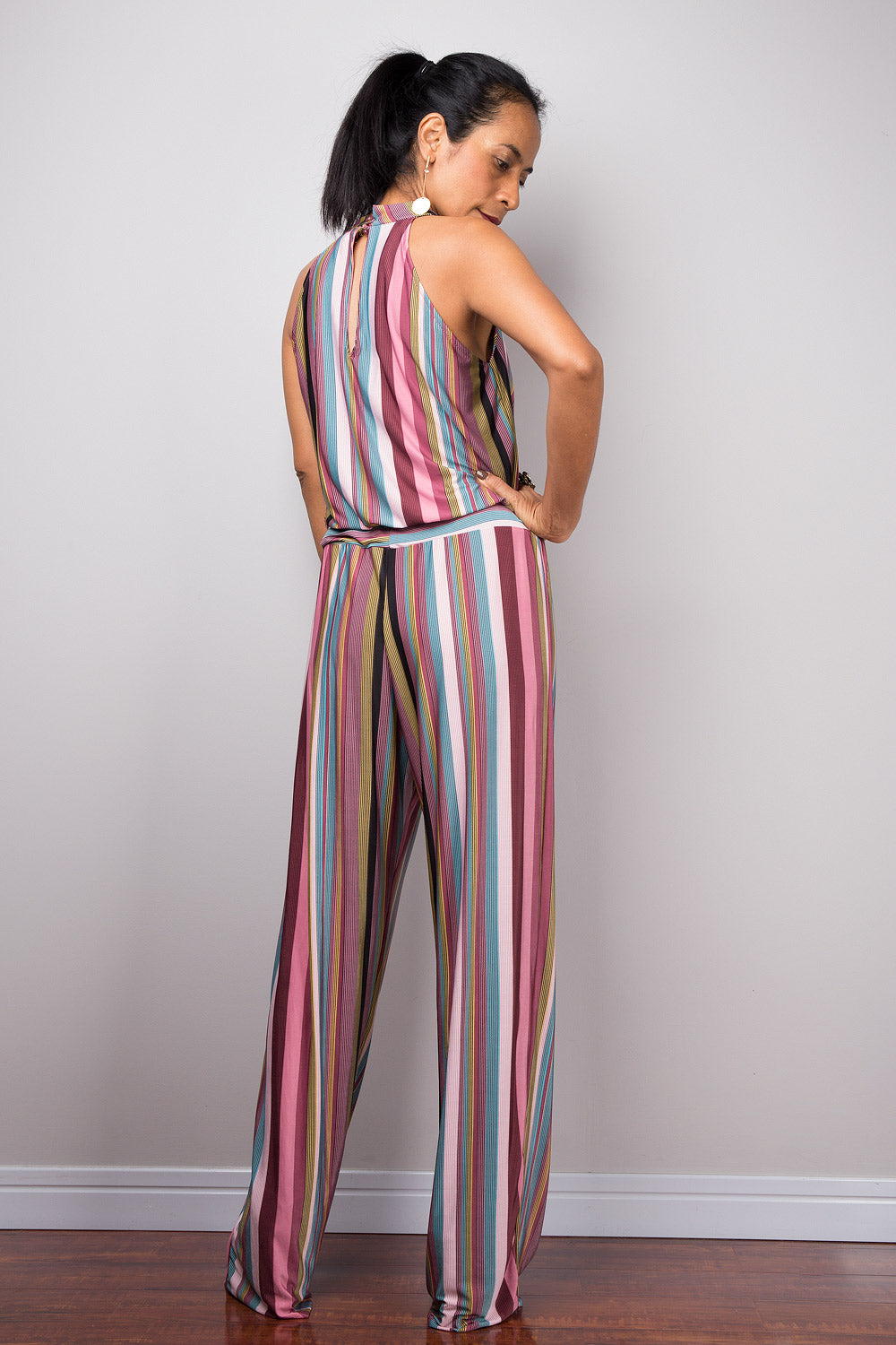 Striped Jumpsuit | Halter top jumper with cowl neck