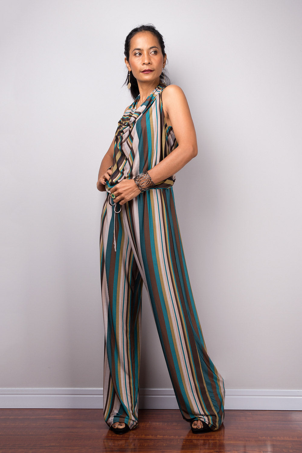 Striped Jumpsuit | Halter top with cowl neck jumper