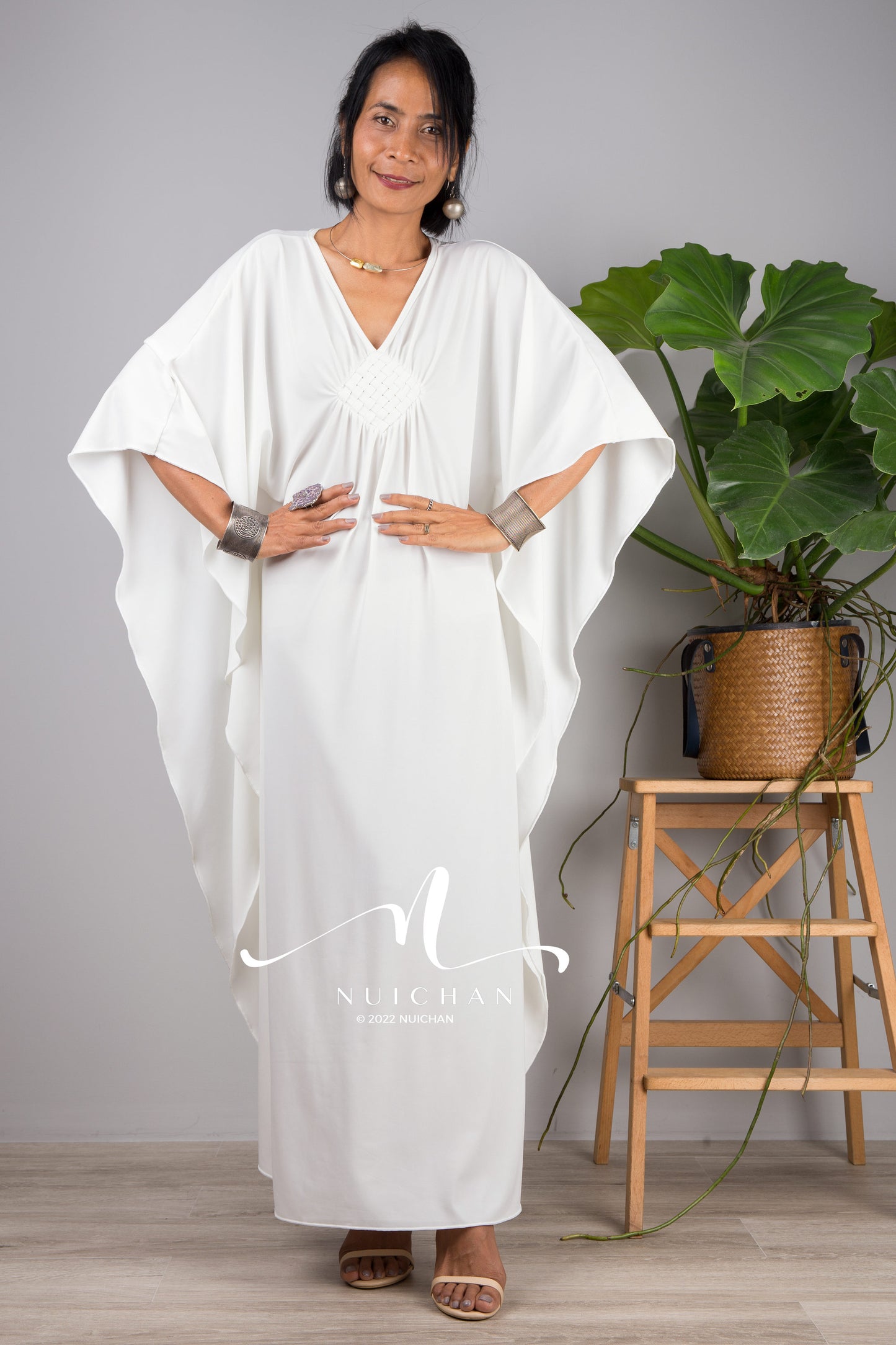 Nuichan kaftan dress for petite women. Greek goddess white dress for short ladies.