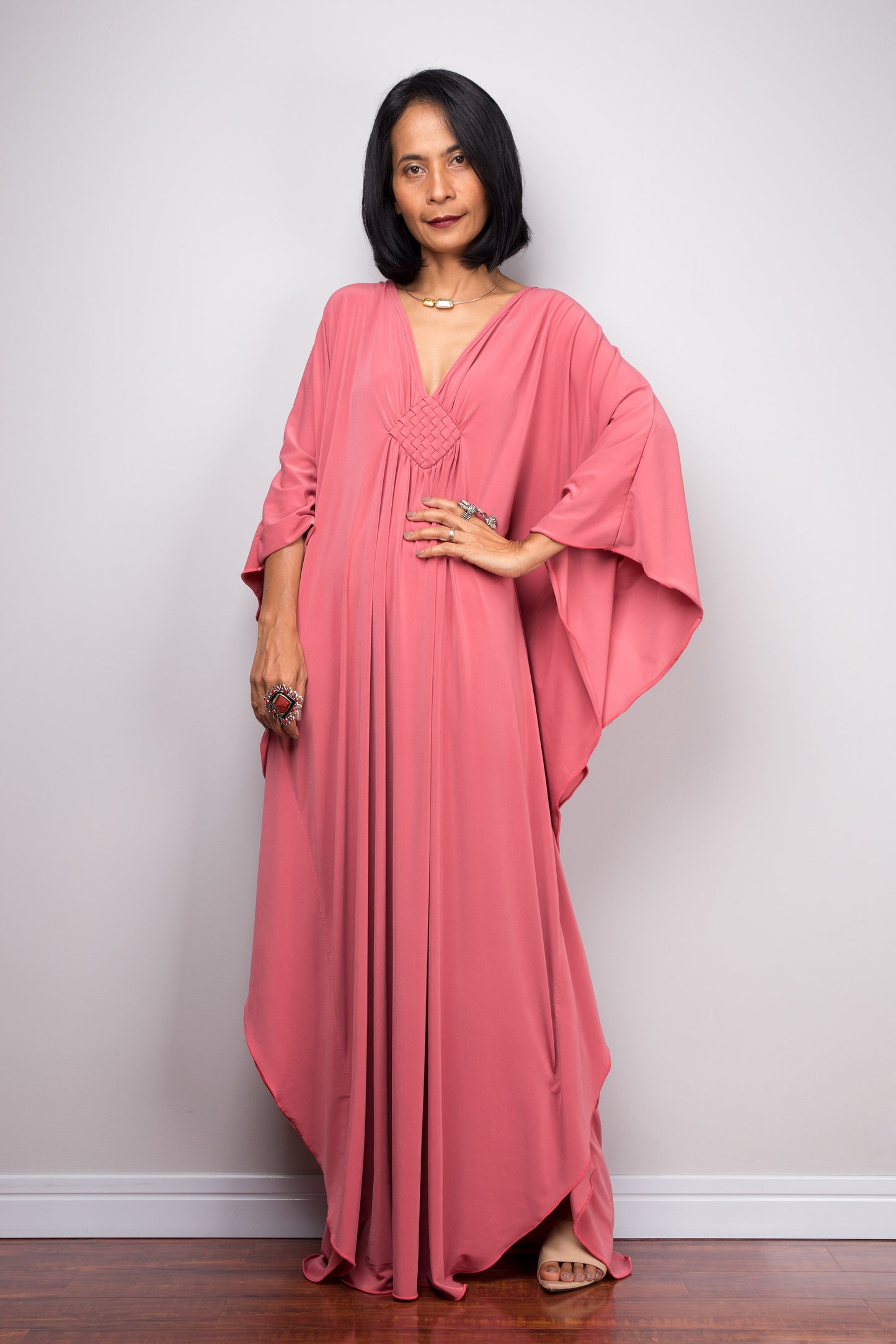 Antique pink kaftan with diamond braided chest detail and v neck