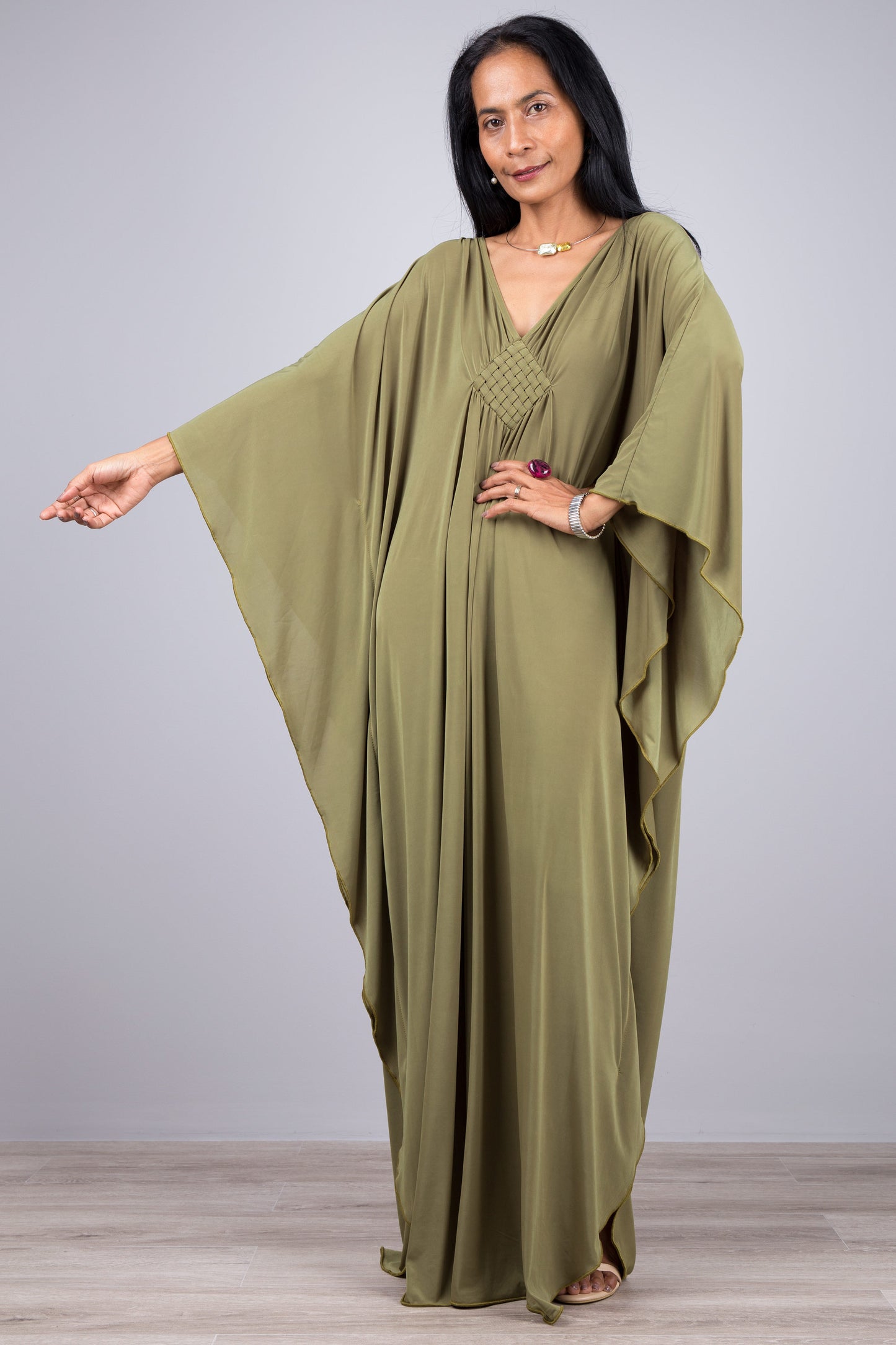 Large Kaftan dress. Olive green kimono batwing caftan dress with v neck