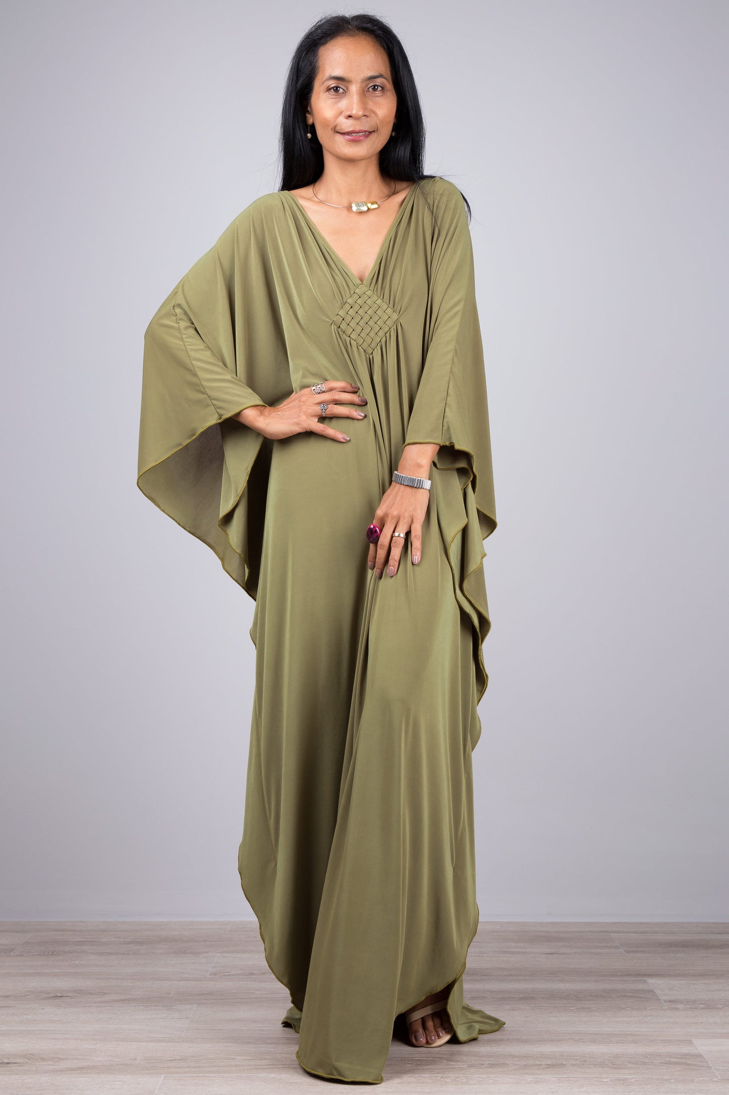 Women's Kaftan dress. Olive green kimono batwing caftan dress with v neck and braided chest detail