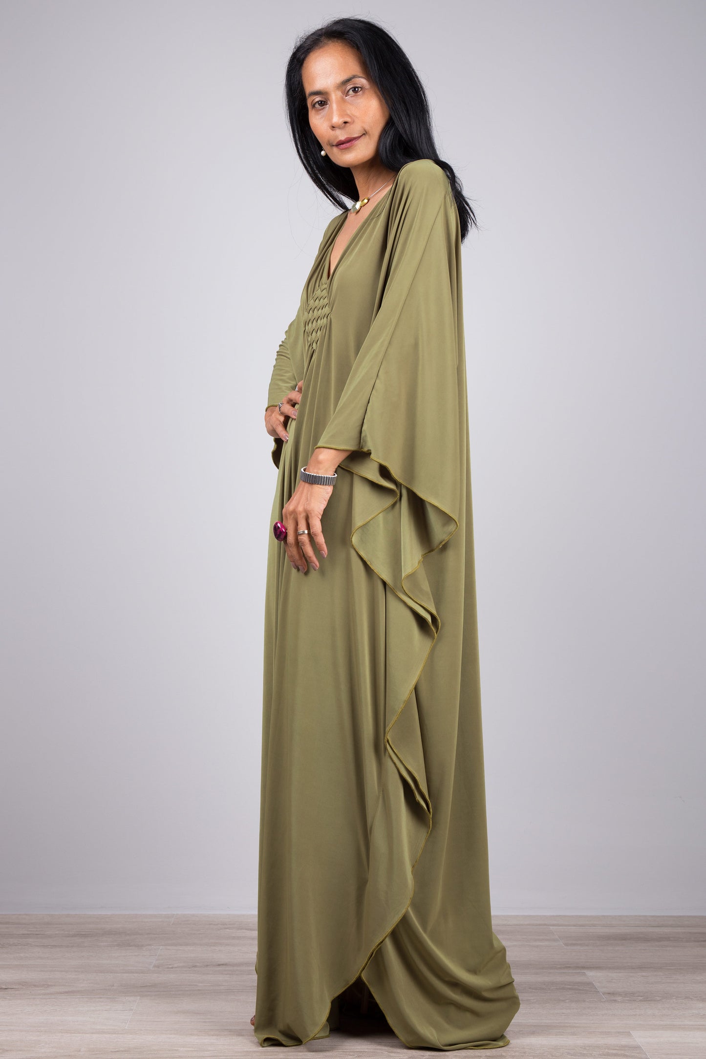 Large Green Kaftan dress. Olive green kimono batwing caftan dress - side view