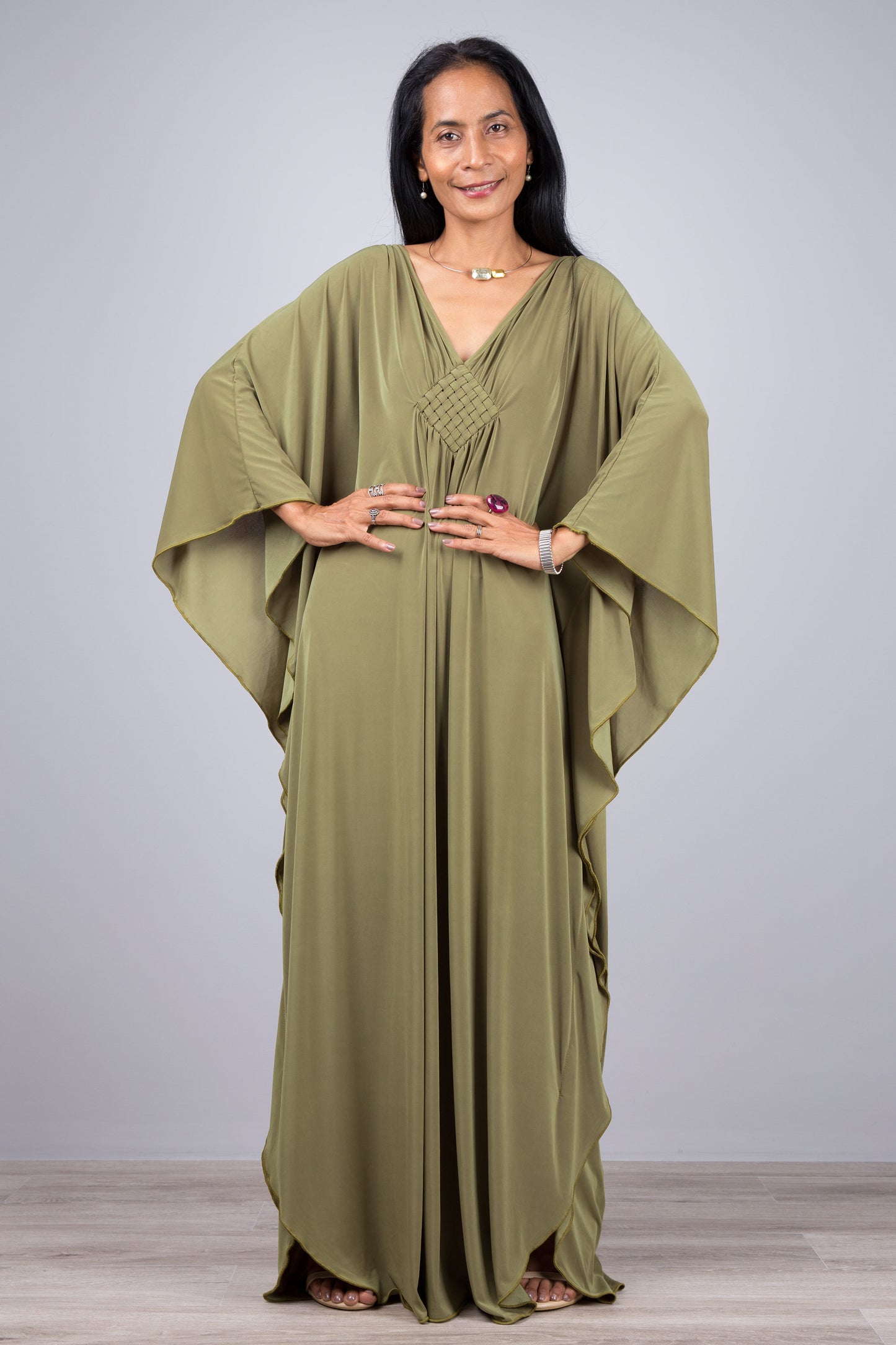 Large Green Caftan dress. Olive green kimono batwing caftan dress 