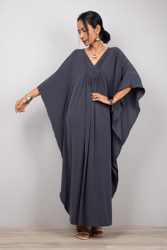 Grey petite kaftan dress with plunging neckline