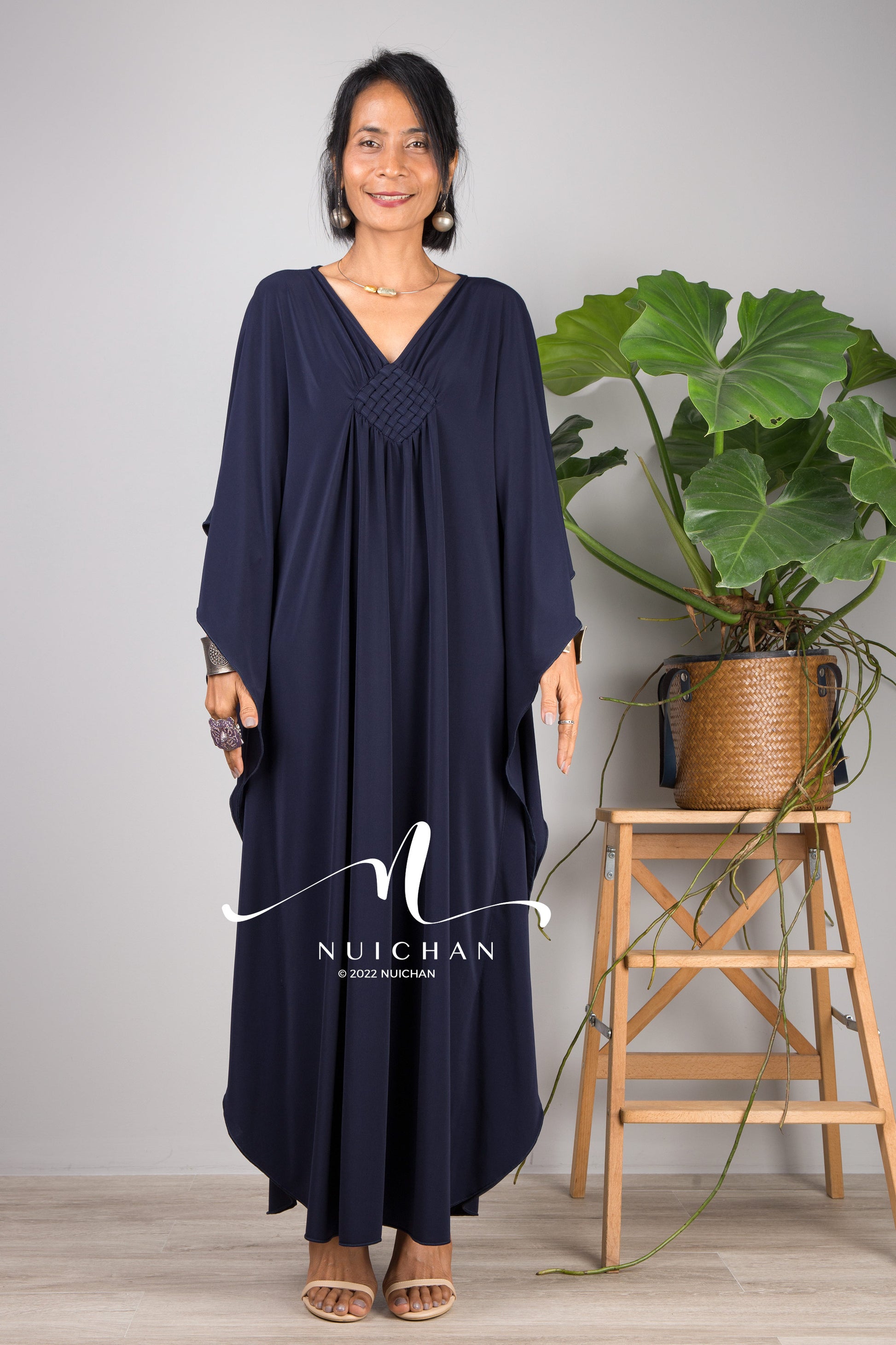 Dark blue caftan for petite women.  Kaftan by Nuichan