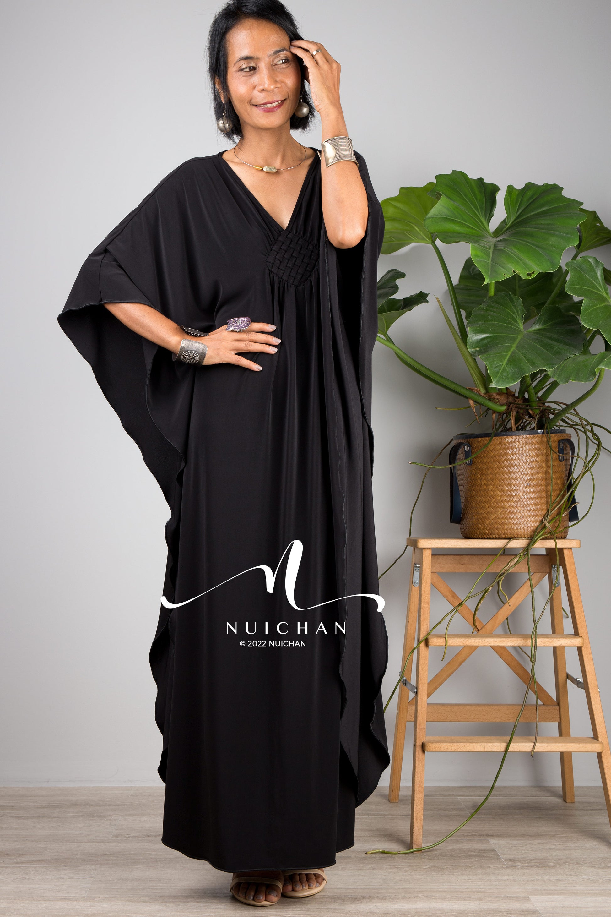 Black small kaftan dress. Short kaftan dress for petite ladies. 