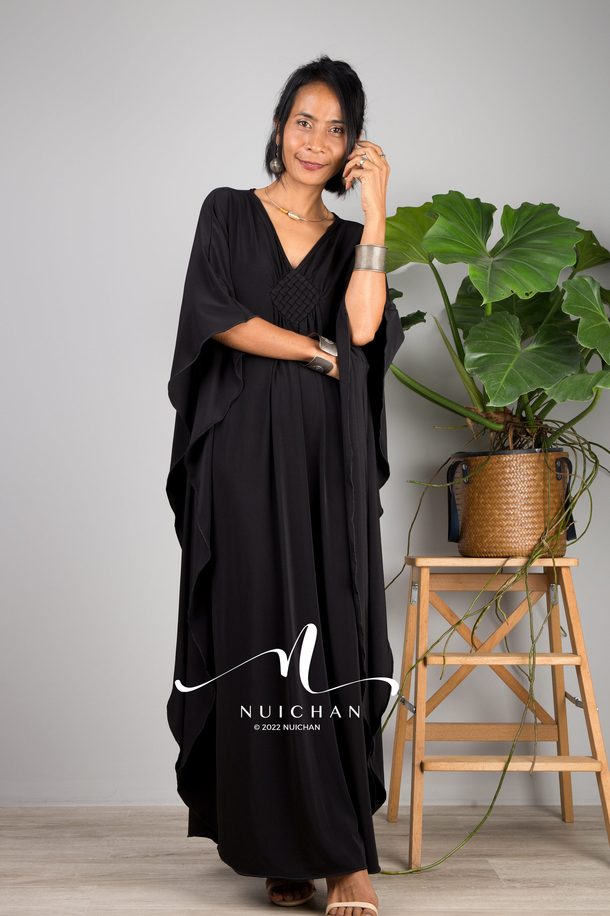 Petite kaftan dress by Nuichan. Short black caftan dress for petite ladies. 