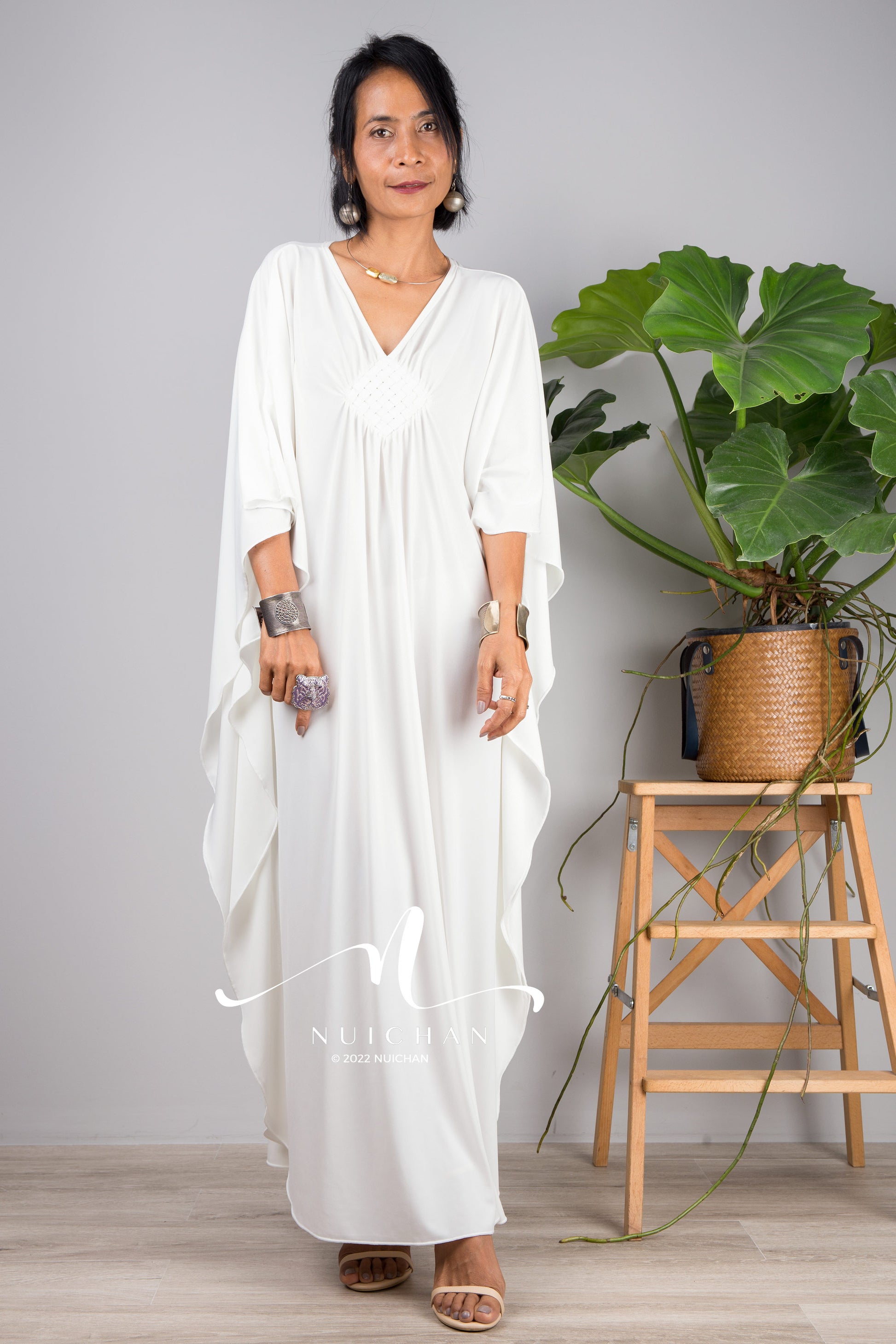 Small white caftan dresses online. Off white petite kimono kaftan dress by Nuichan