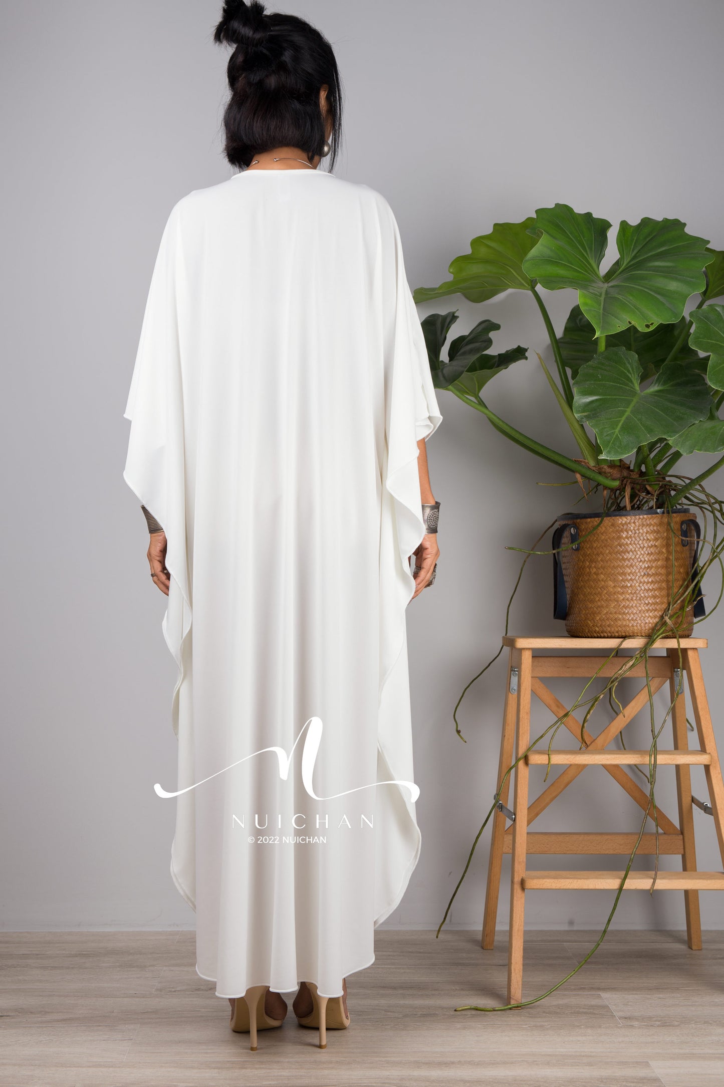 Small white caftan maxi dresses online. Off white petite Kaftan dress by Nuichan