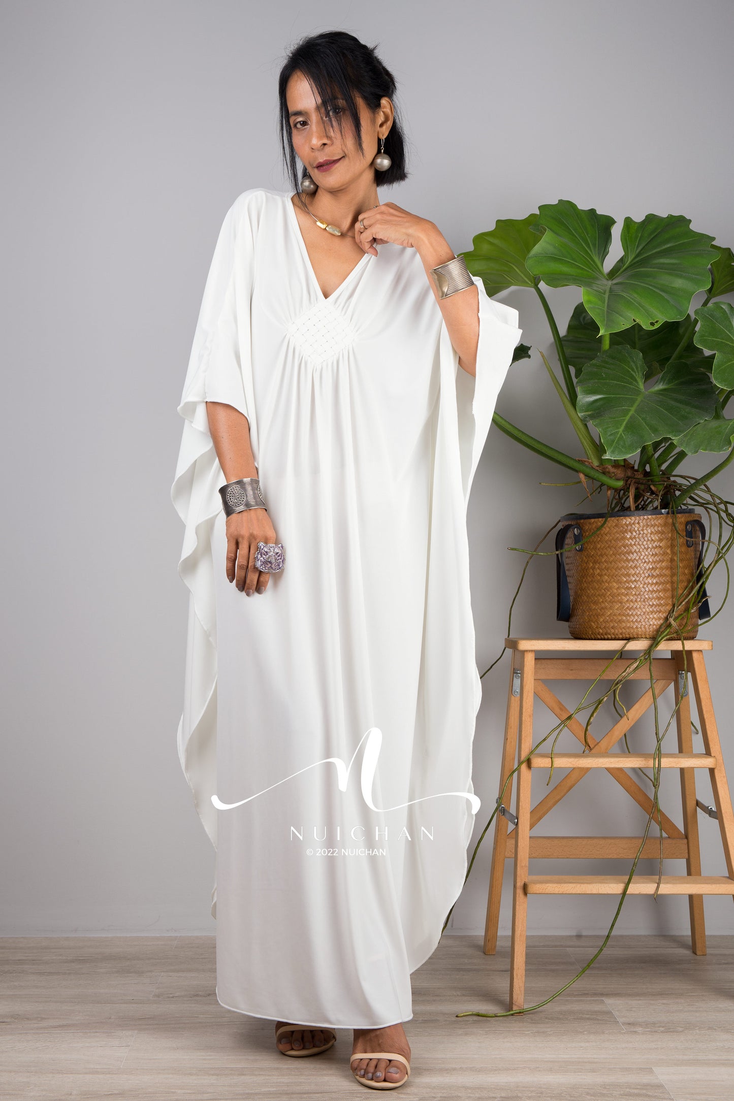 White petite caftan dresses online. Off white kimono kaftan dress by Nuichan