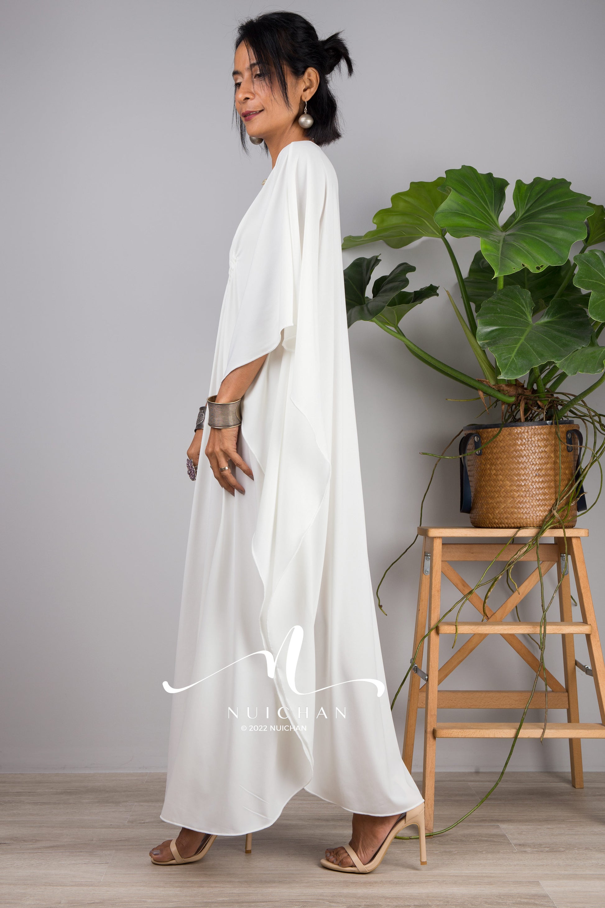 White kaftan dresses for petite women online. Off white petite kimono kaftan dress by Nuichan