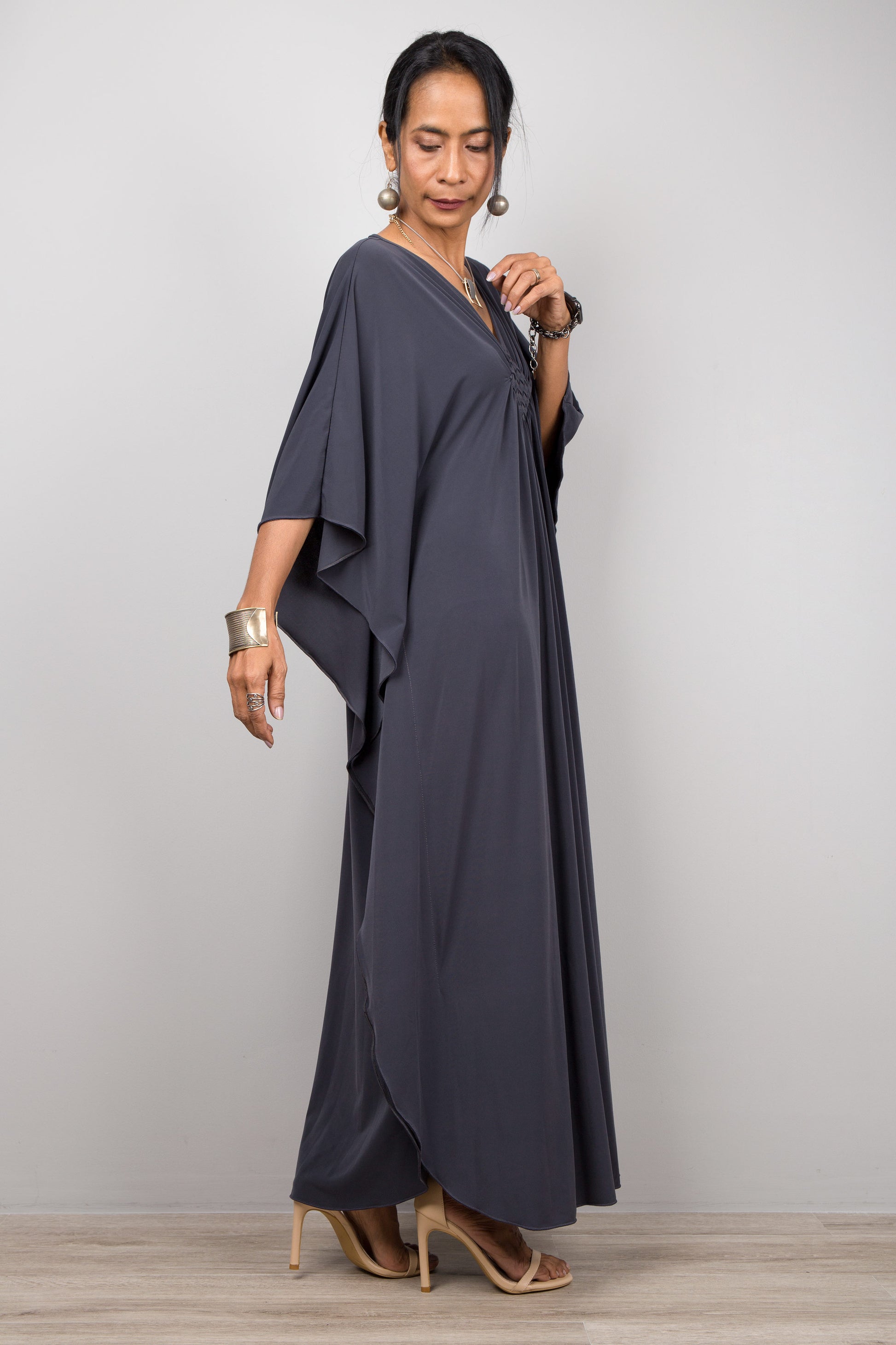 Caftan for petite women.  Grey kaftan dress for small ladies