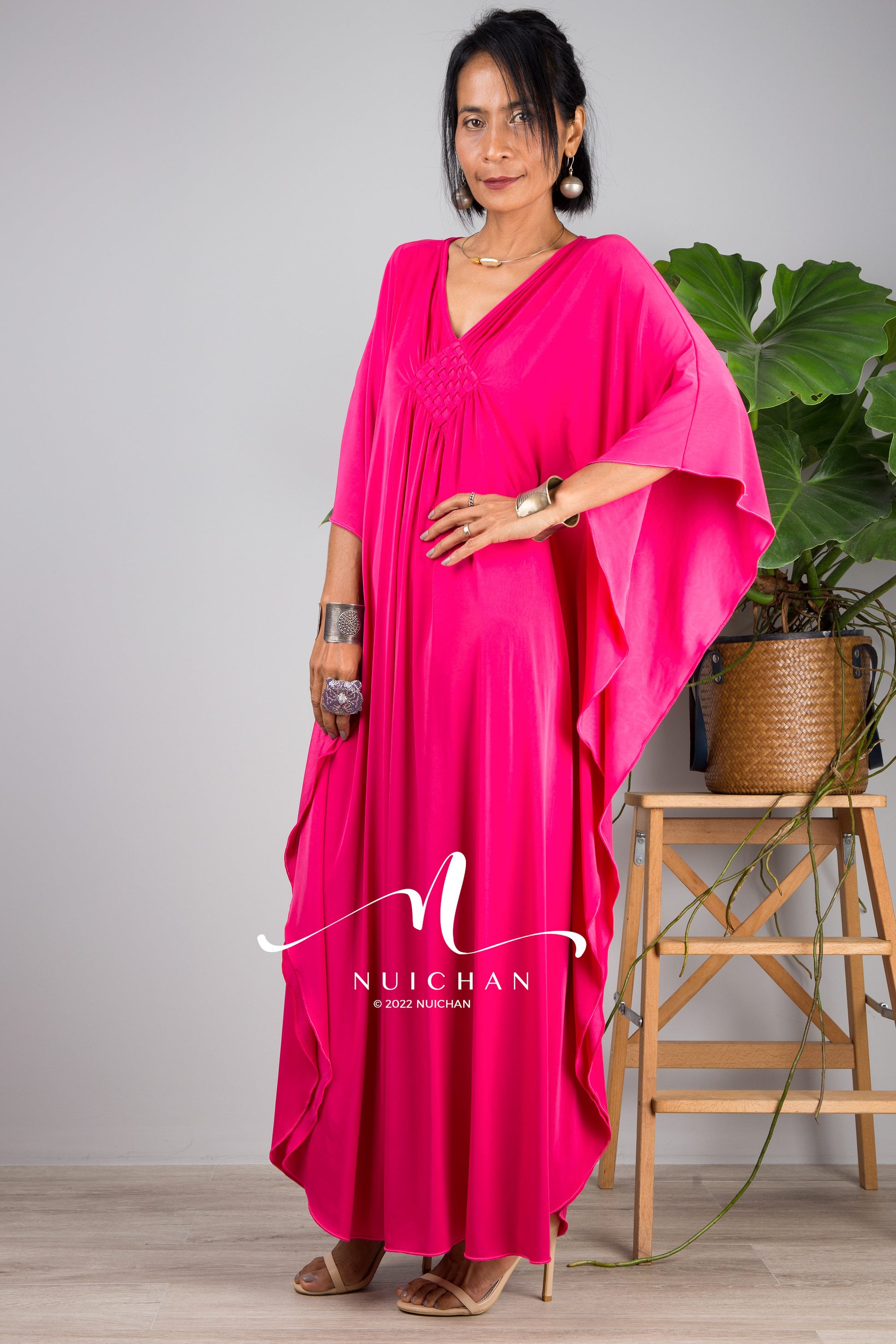 Small Kaftan dress for petite women online. Hot pink kimono kaftan dress by Nuichan