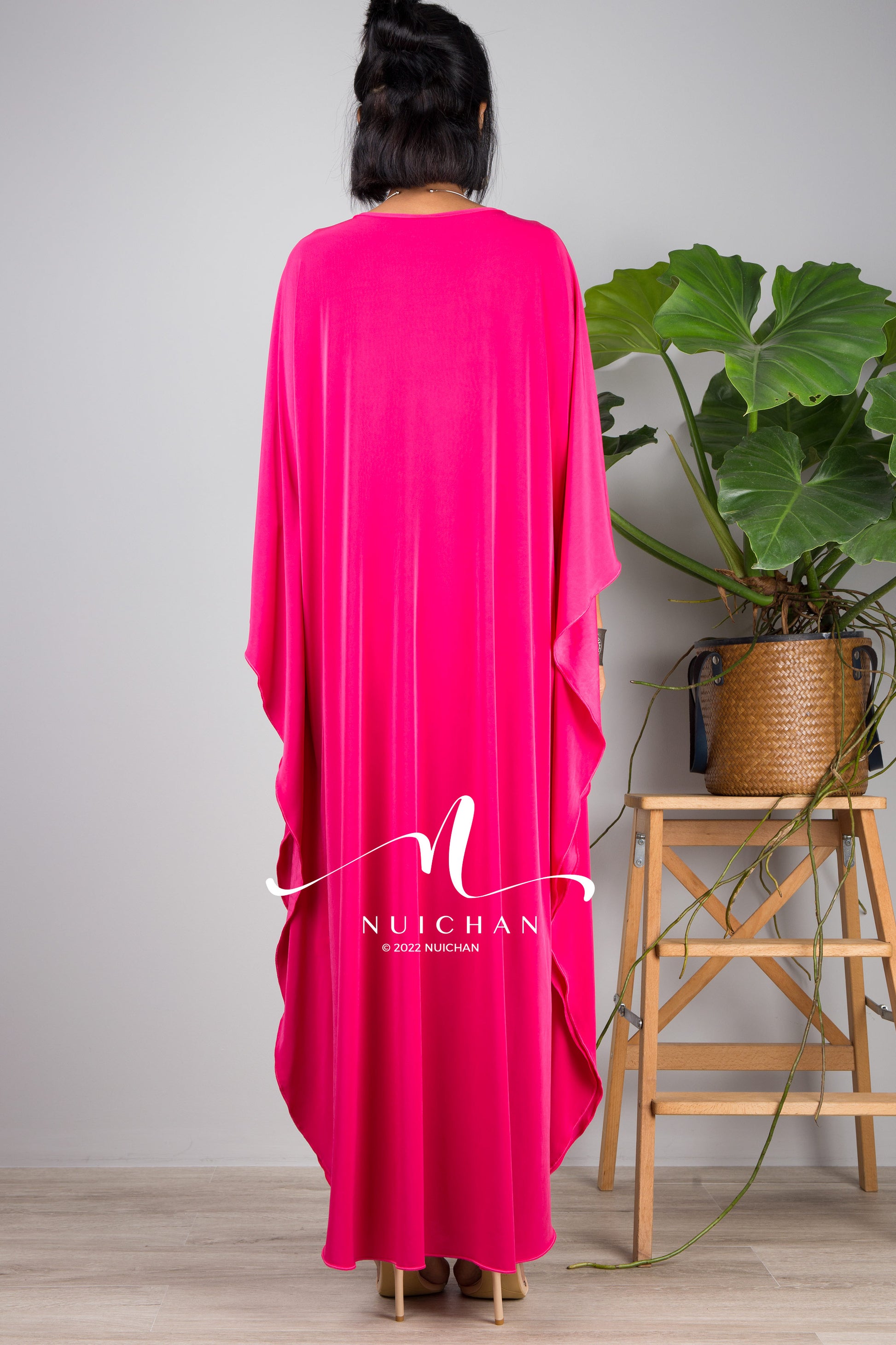 Petite Caftan dresses online. Hot pink kimono kaftan dress by Nuichan