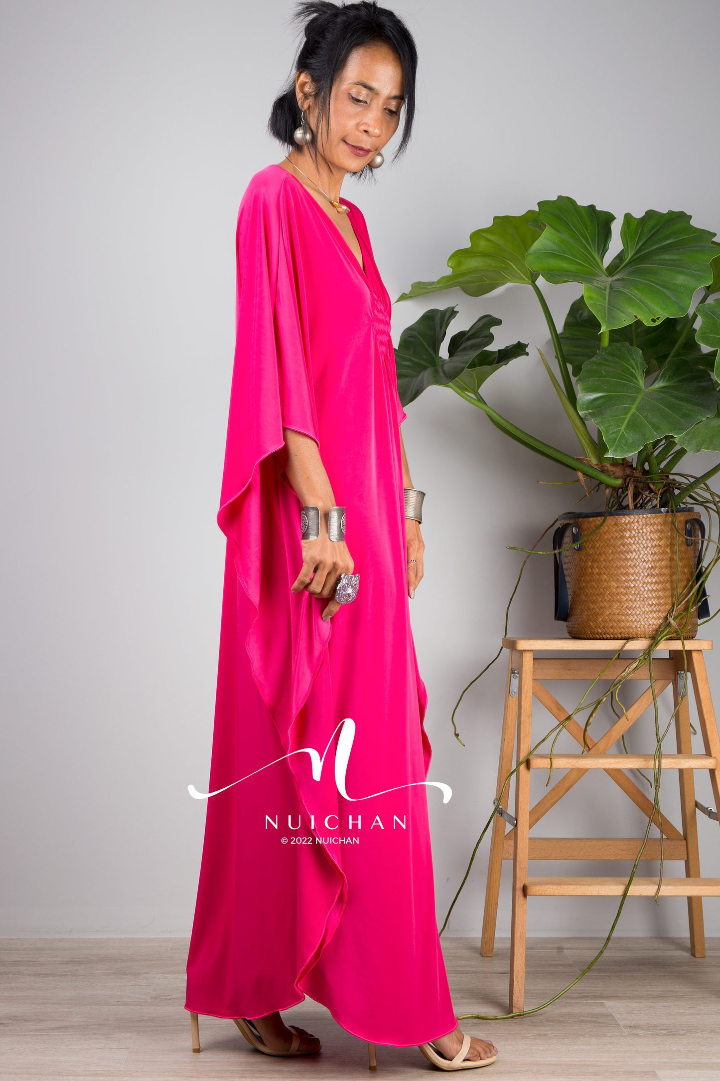 Petite Kaftan dresses online. Hot pink kimono kaftan dress by Nuichan