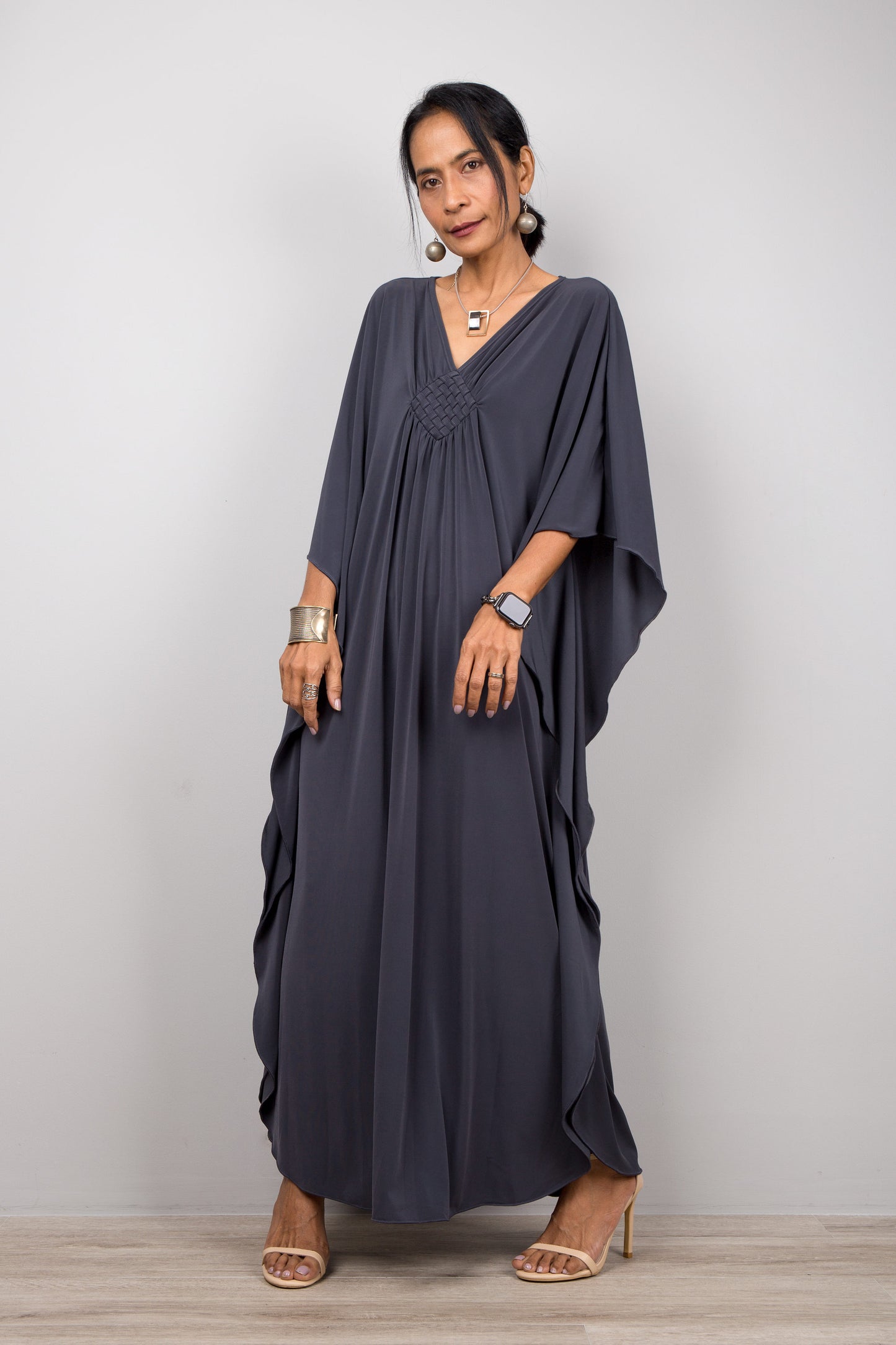 Grey petite caftan dress with plunging neckline