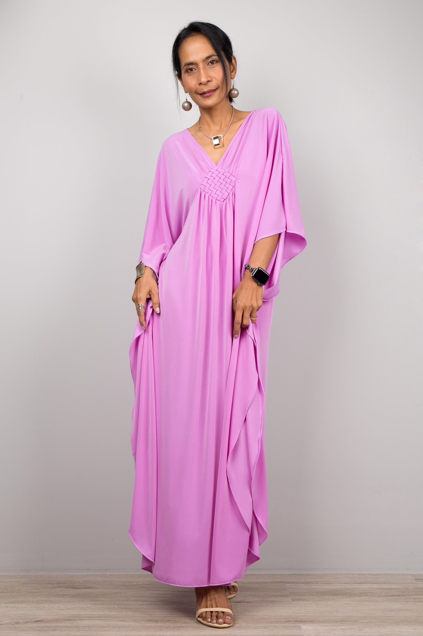 Petite caftan dress by Nuichan.  Pink kaftan dress for petite women