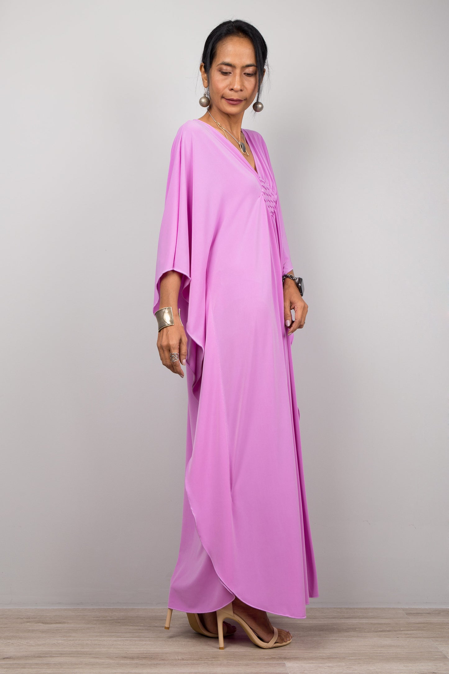 Pink purple kaftan dress by Nuichan for petite women.  V neck and embroidered chest detail.