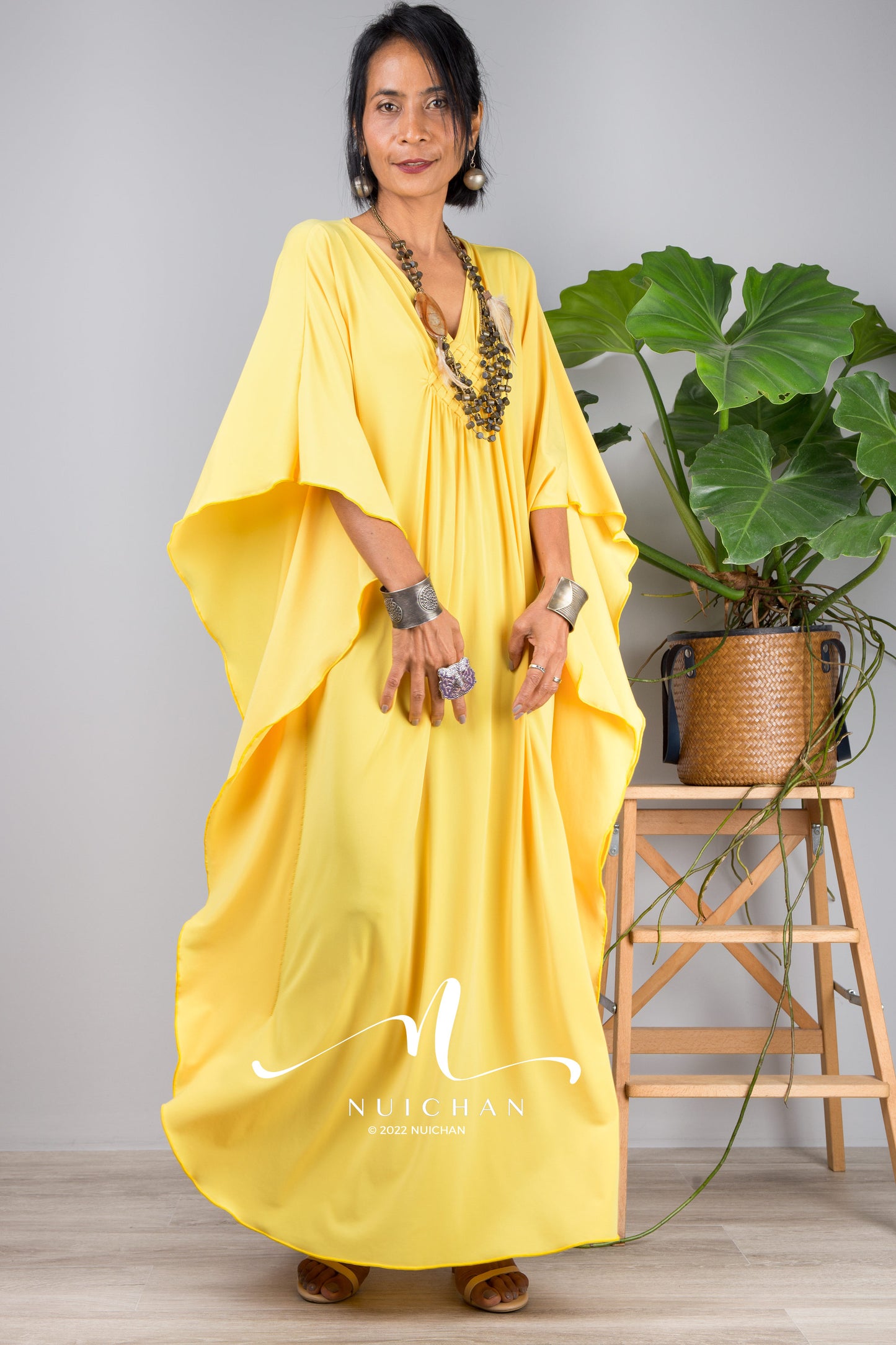 Small Kaftan dresses online. Yellow kimono kaftan dress by Nuichan