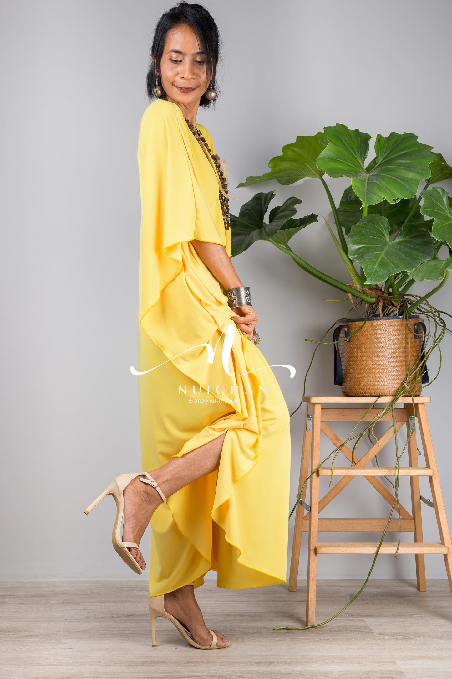 Petite Caftan dresses online. Yellow kimono kaftan dress by Nuichan