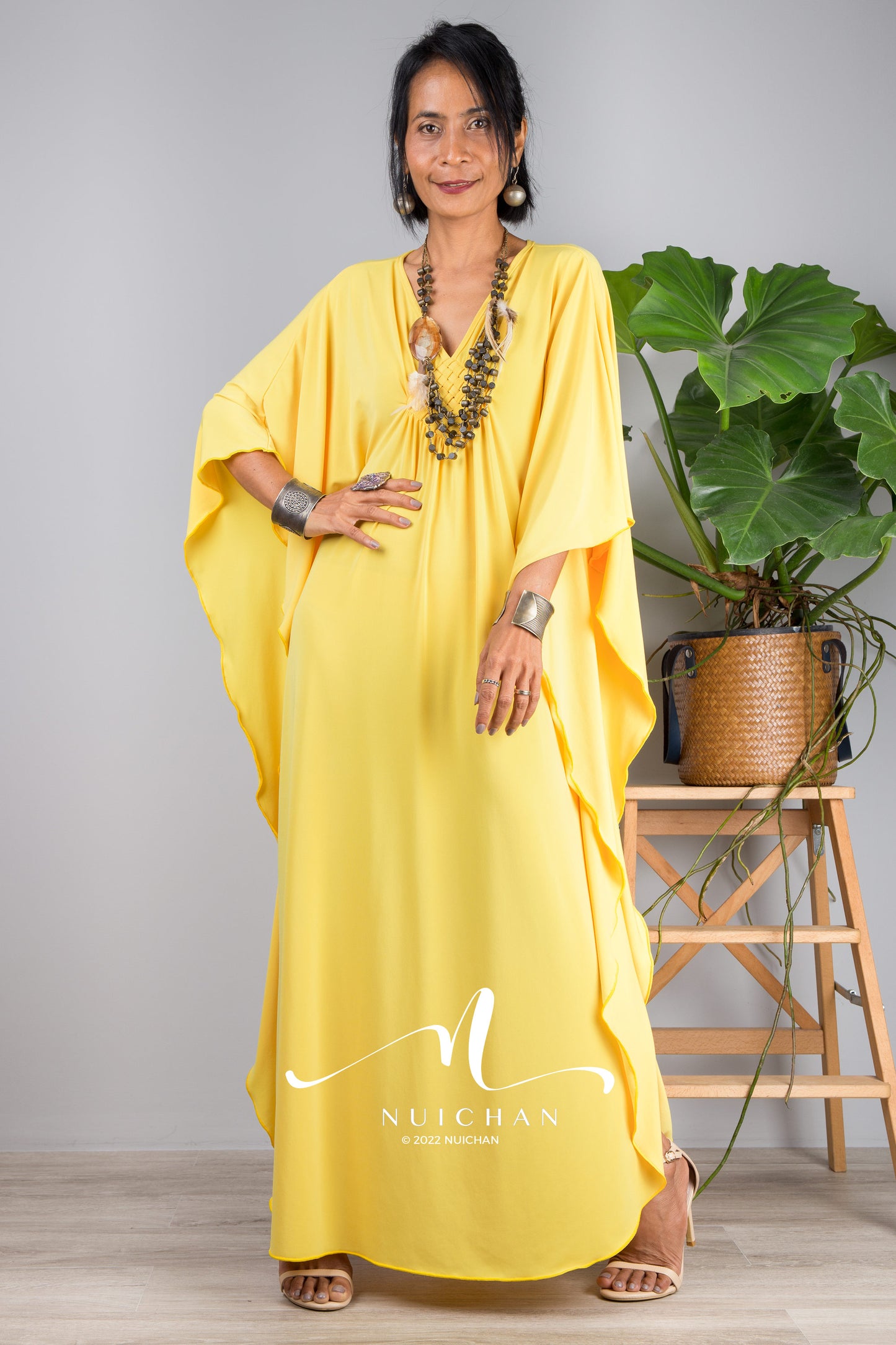 Petite Kaftans online. Yellow kimono kaftan dress by Nuichan