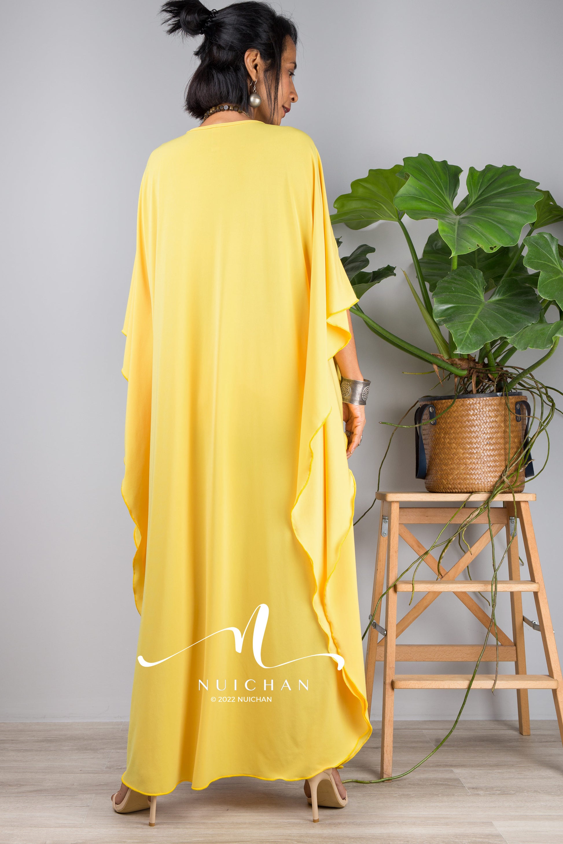 Small Kaftan dresses online. Yellow kimono kaftan dress for petite ladies